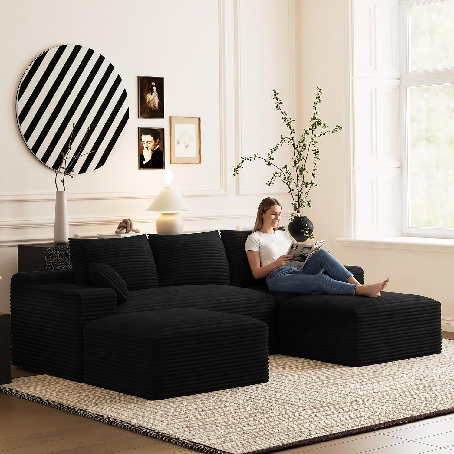 108' Oversized U-Shaped Sectional Couches for Living Room, Comfy Fluffy Corduroy Black Boneless Cloud Couch with 2 Ottomans, Plush Memory Foam Modular Sectional Sofa for Small Spaces