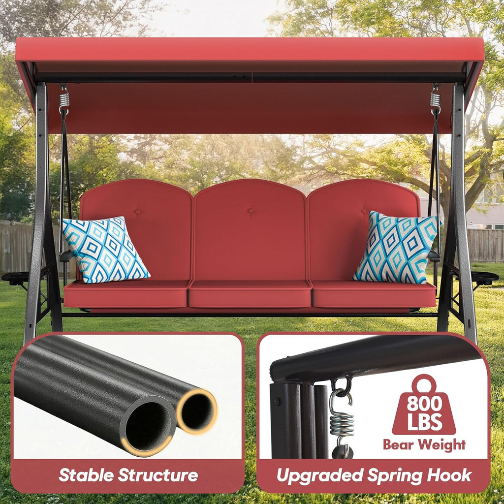 ZZW 3 Seat Outdoor Porch Patio Swing with Stand 800lbs 2-in-1 Convertible Swing Bed with Adjustable Canopy & Removable Cushion for Yard Garden Deck (Red, Square Tube)