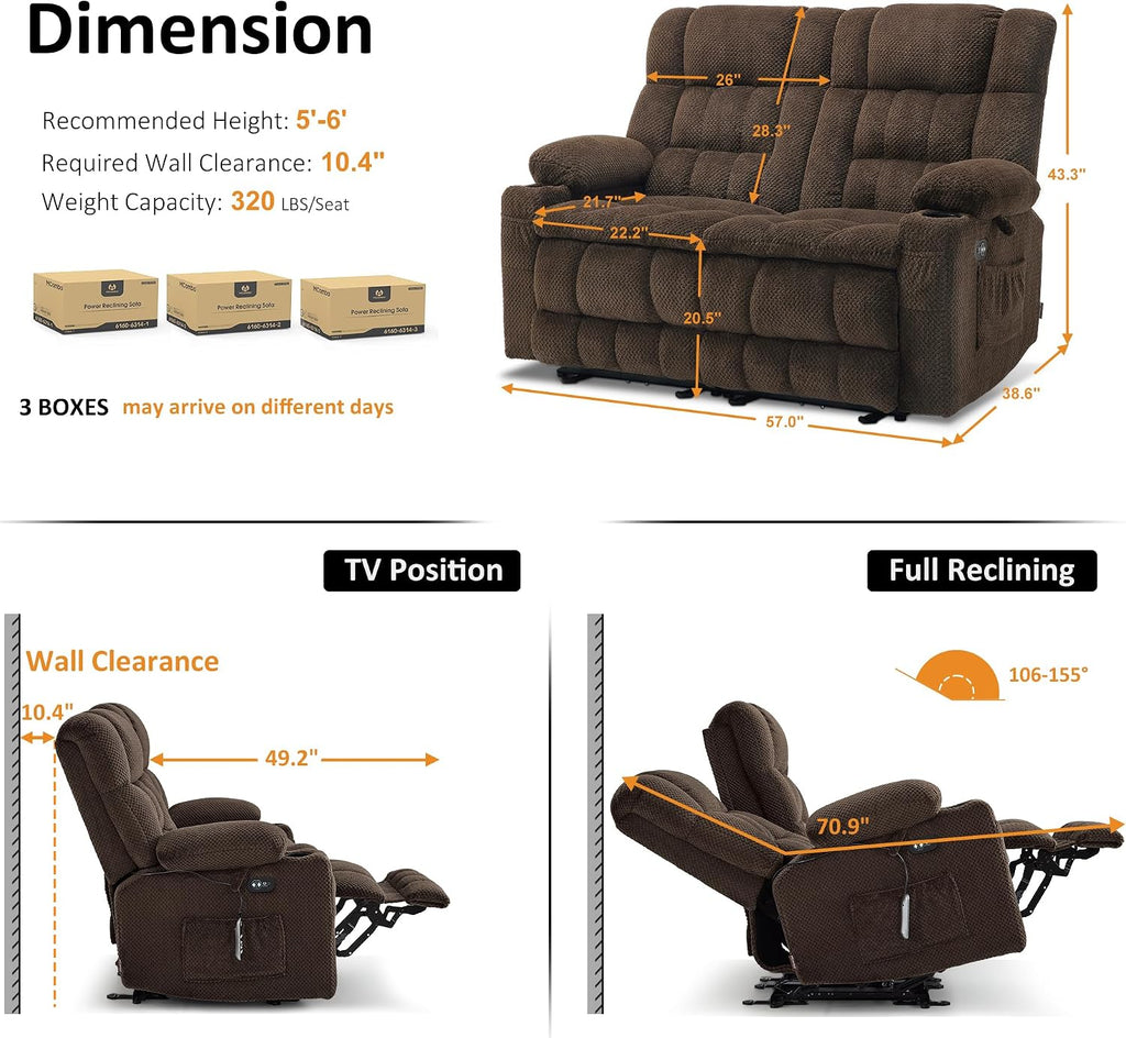 MCombo 57' Reclining Loveseat with Heat and Massage, Zero Gravity Recliner Loveseat Sofa with Dual USB Charging Ports for Living Room, Fabric 6314 (Brown)