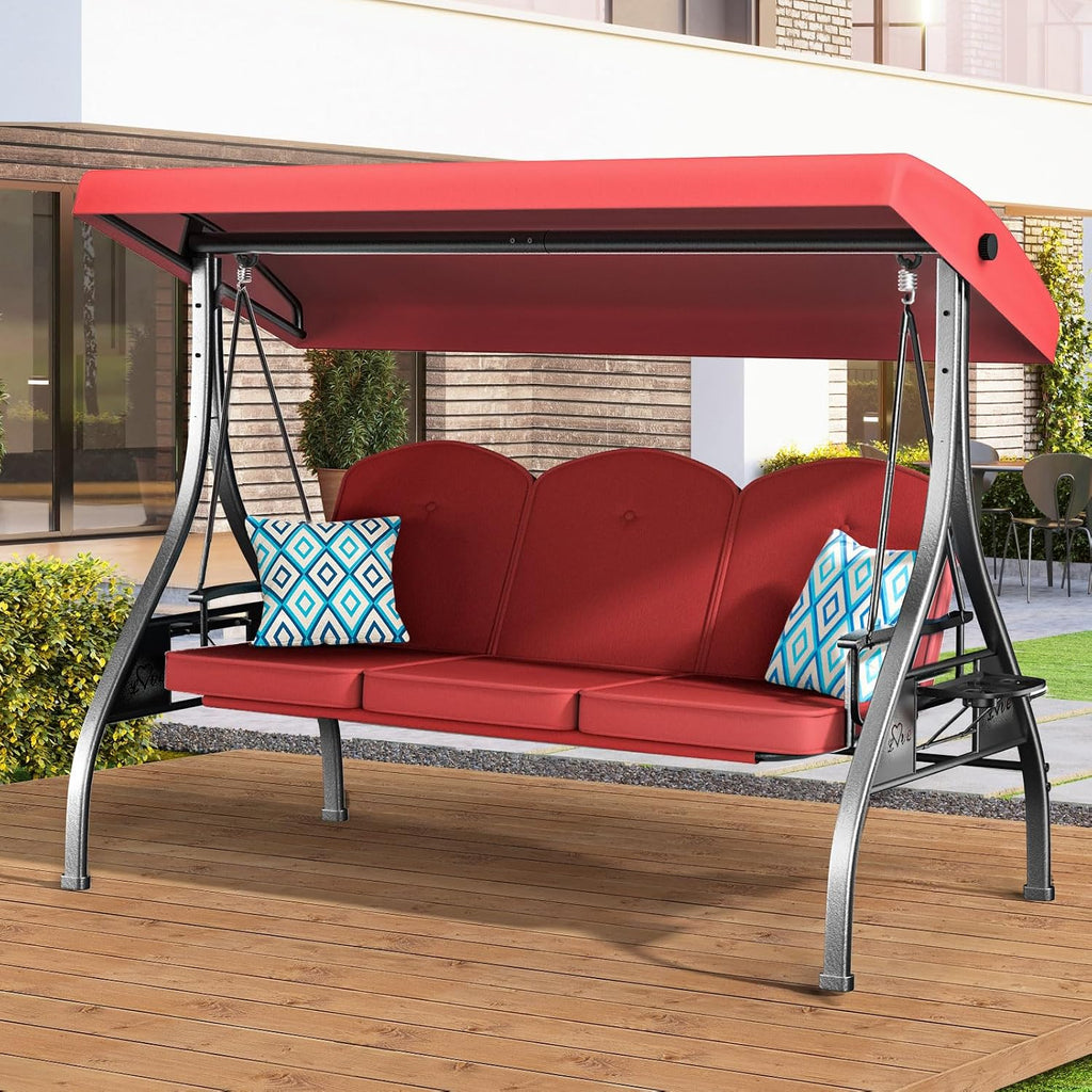 ZZW 3 Seat Outdoor Porch Patio Swing with Stand 800lbs 2-in-1 Convertible Swing Bed with Adjustable Canopy & Removable Cushion for Yard Garden Deck (Red, Square Tube)