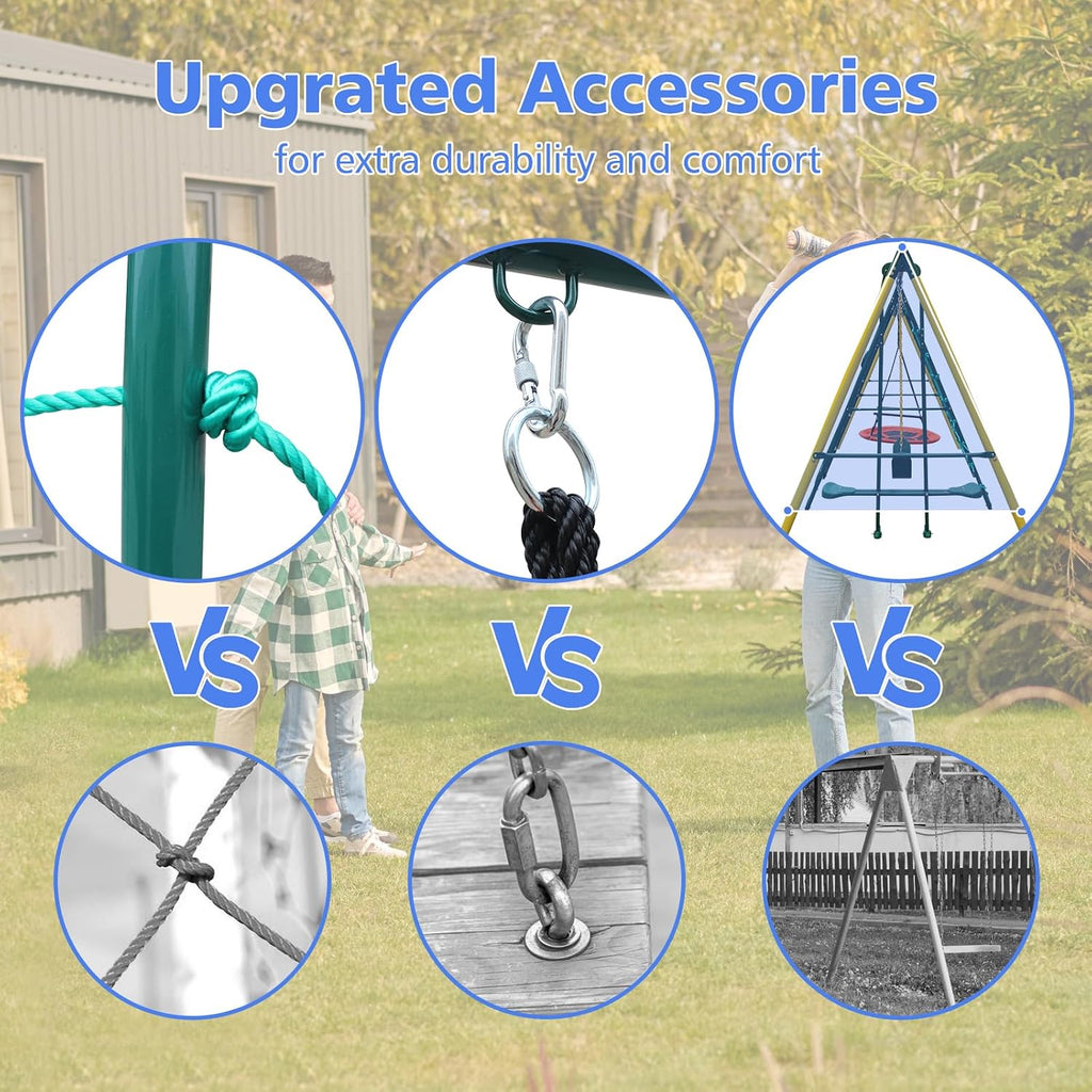 Metal Swing Sets for Kids Backyard, 6-in-1 Heavy Duty Metal Swingset with Climbing Frame, Net, Glider, Hammock Swing, Belt Swing & Basketball Rim, 700LB A-Frame Outdoor Playground for Ages 3-12
