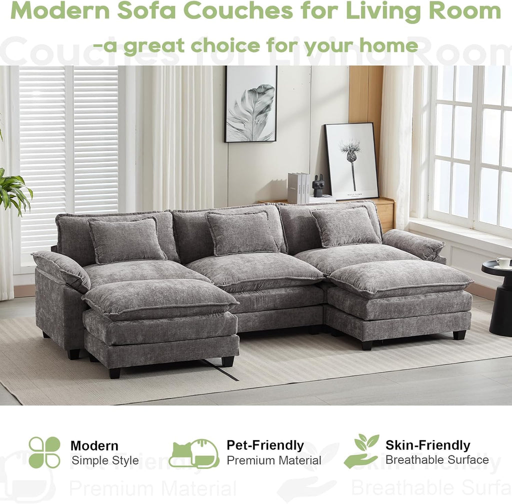 Oprisen 120' Modular Sectional Sofa, Comfy Cloud Couch Sectional Sofa with Ottoman, Chenille Sofa Sleeper Deep Seat Sofa with Throw Pillows for Living Room (Light Gray, 120'- U Shape)
