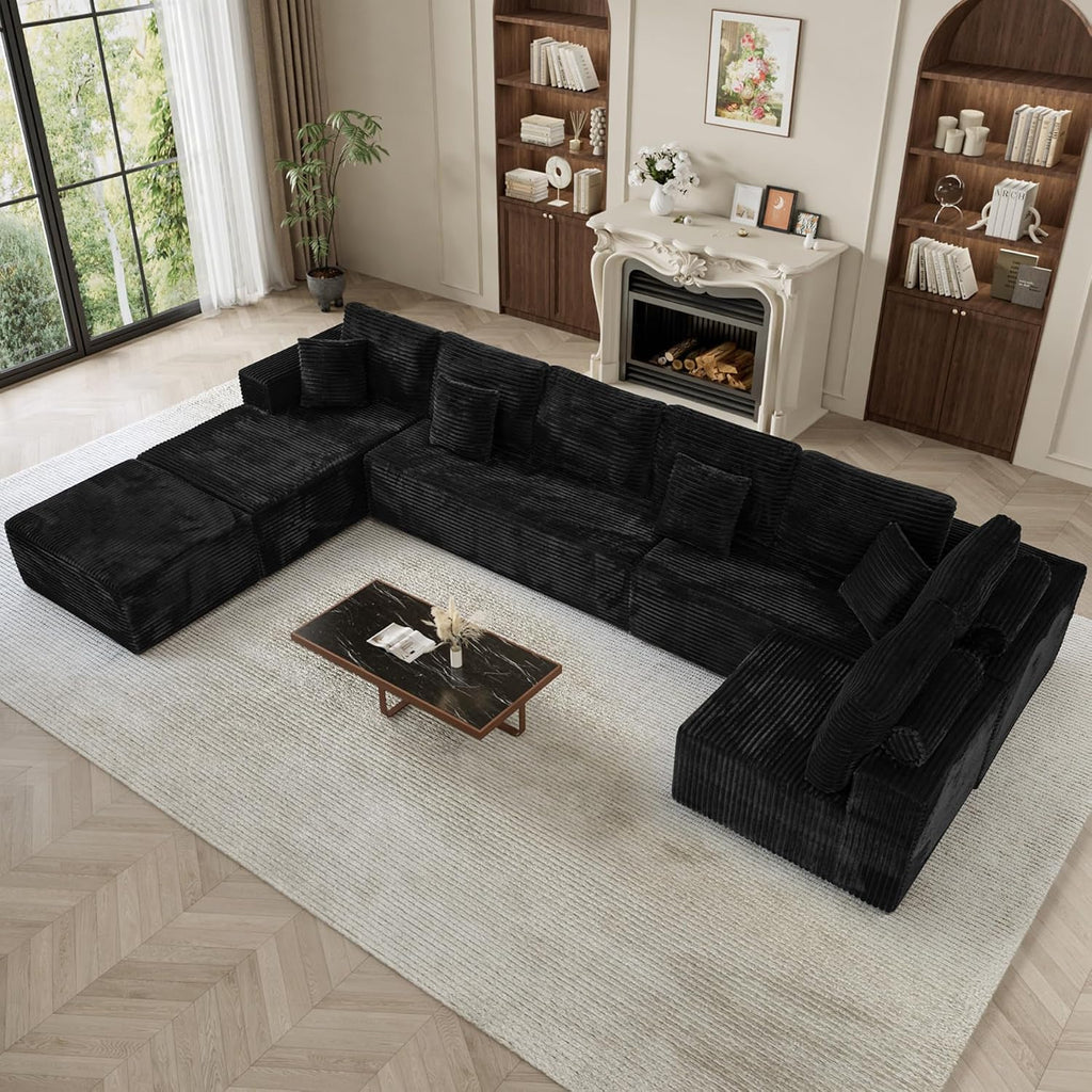 177' Oversized U Shaped Sectional Couch for Living Room, Extra Large Boneless Cloud Couches with Deep Seat Chaise Ottoman, Plush Corduroy 8 Seater Modular Sectional Sofa Set, Black