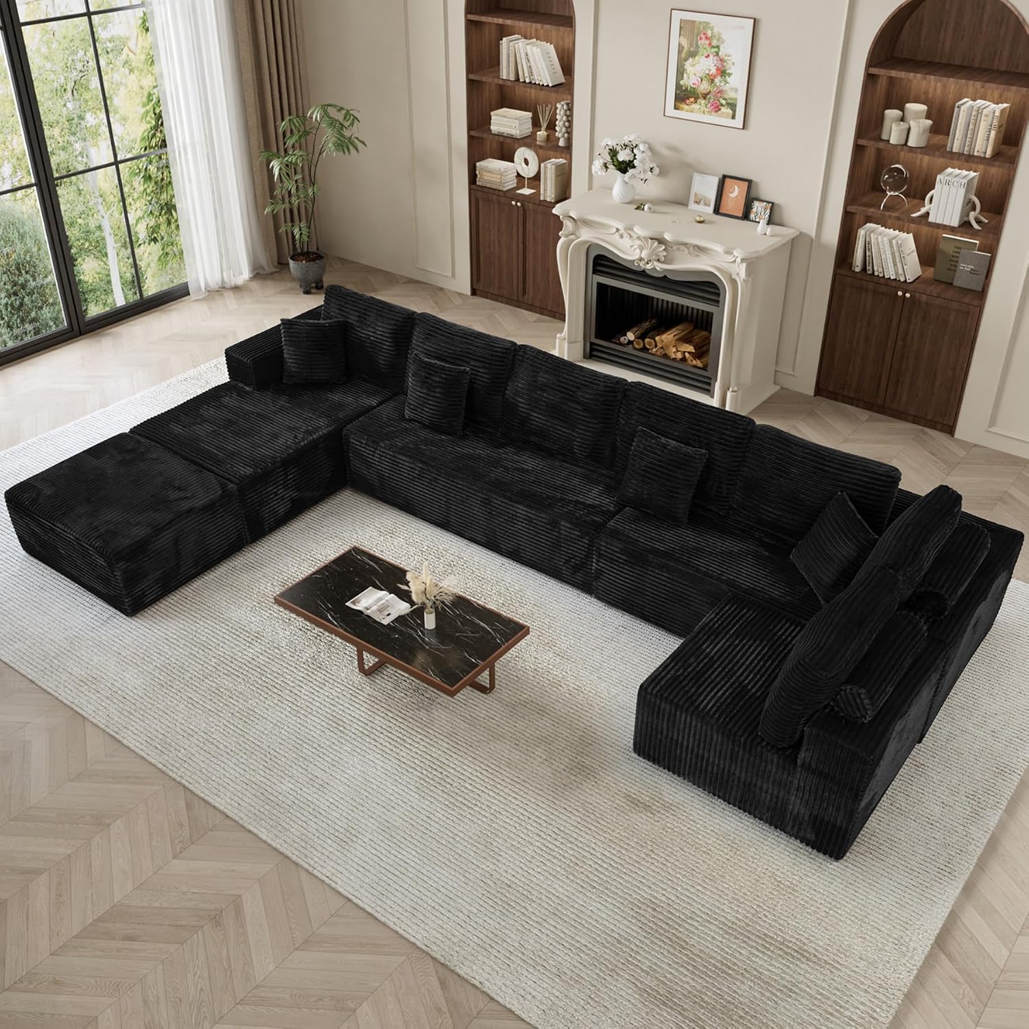 177' Oversized U Shaped Sectional Couch for Living Room, Extra Large Boneless Cloud Couches with Deep Seat Chaise Ottoman, Plush Corduroy 8 Seater Modular Sectional Sofa Set, Black