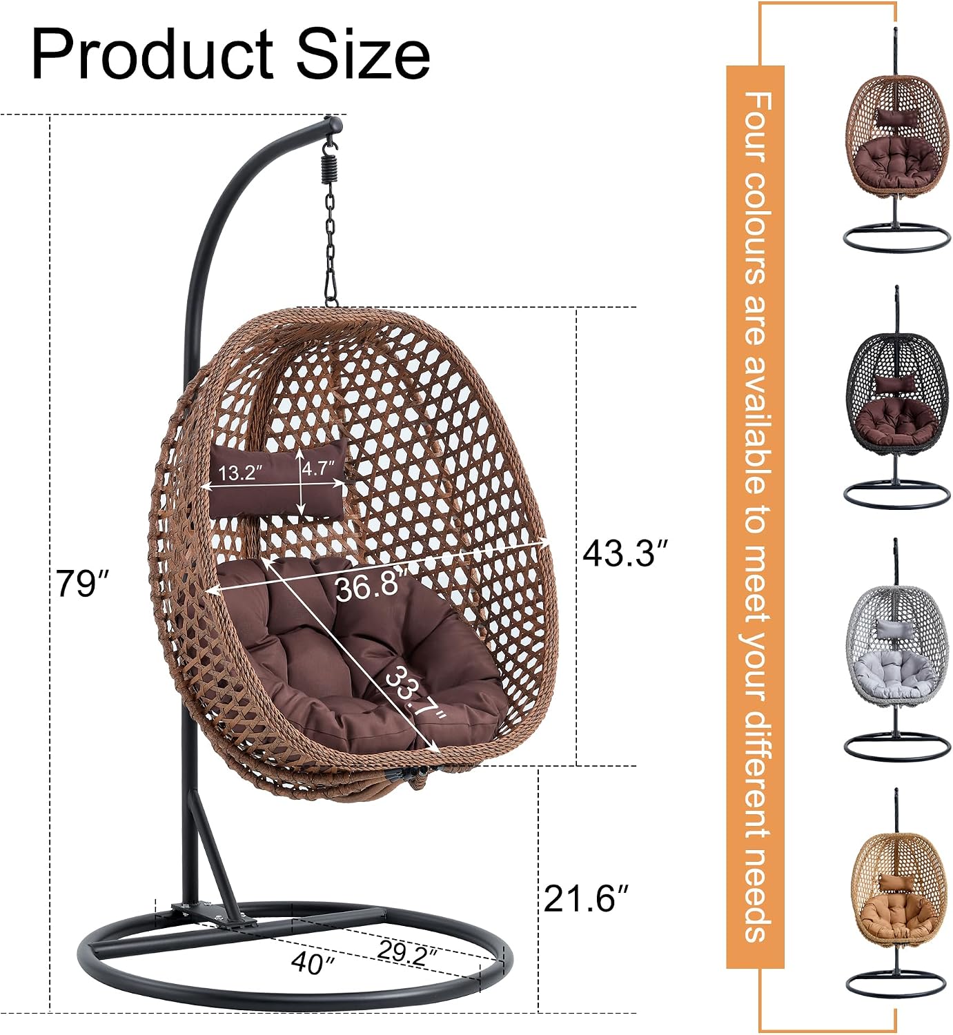 Egg Chair Indoor/Outdoor, Hanging Swing Chair for Bedroom, Patio & Balcony - Heavy Duty 350LBS, Brown