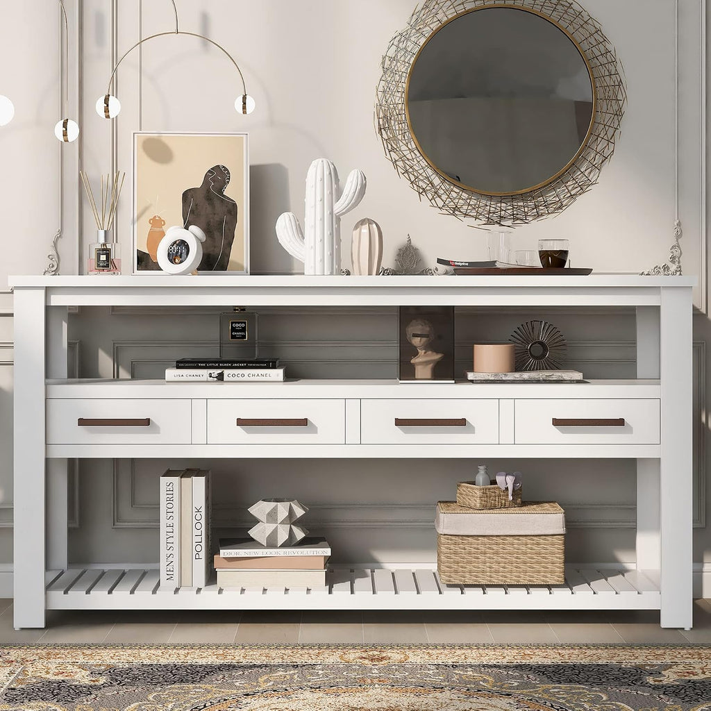 Modern Console Table Long Narrow 62-Inch Sofa Entry Table with Drawers & Open Shelves for Living Room Entryway, Easy Assembly (White)