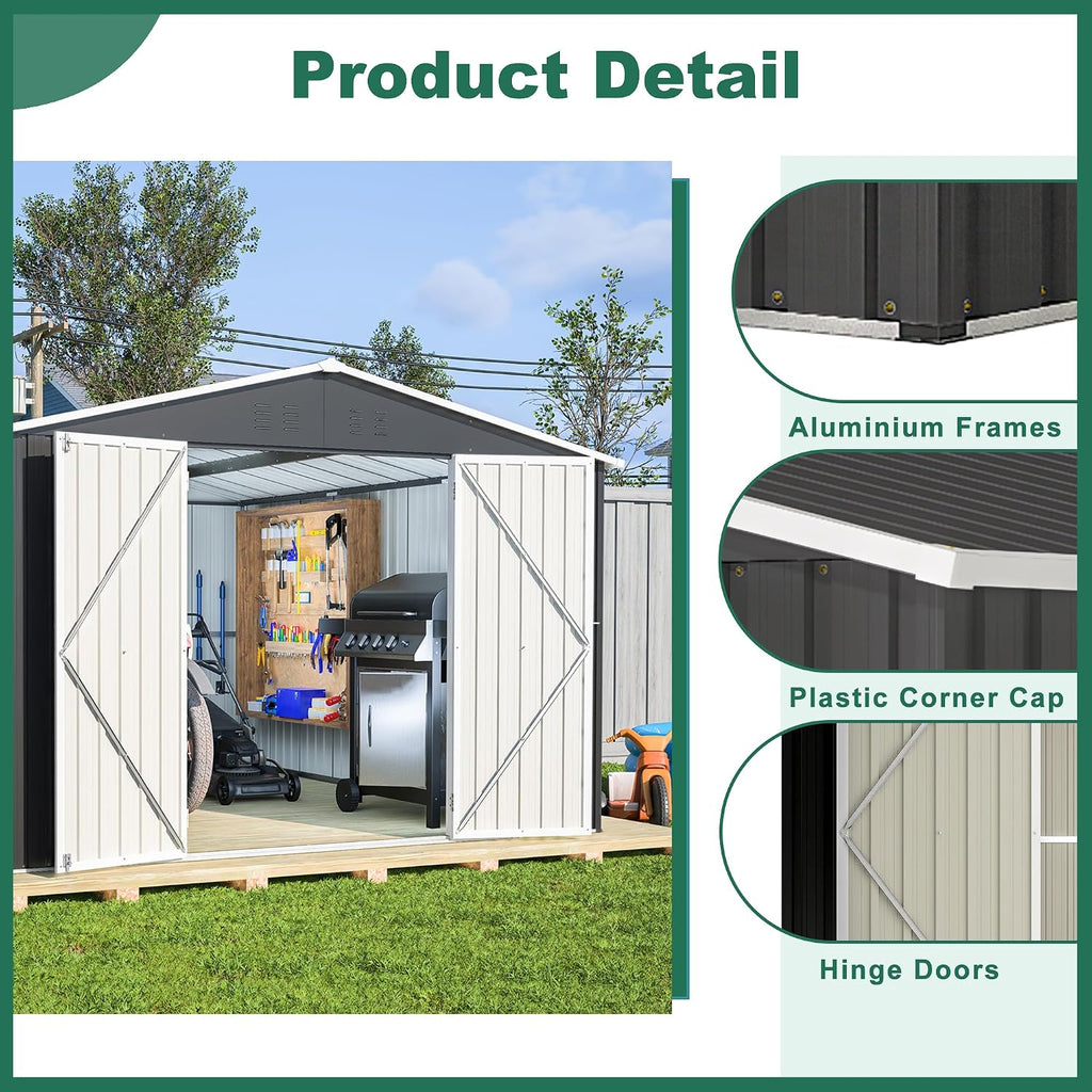 10x12 FT Shed Outdoor Storage Shed Metal Garden Shed with Lockable Doors & Slooping Roof Tool Shed Bike Shed for Backyard, Patio, Poolside (Black)