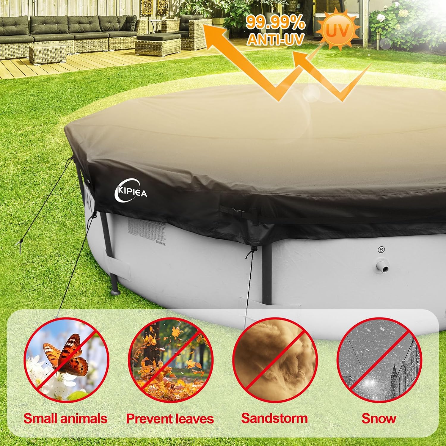 Kipiea Heavy Duty 500D 24ft Round Pool Cover for Above Ground Pools, Swimming Pool Cover with Full Circle Straps, Anti-Slip Straps and Tent Stakes, Featuring Windproof, Waterproof and Dustproof Design