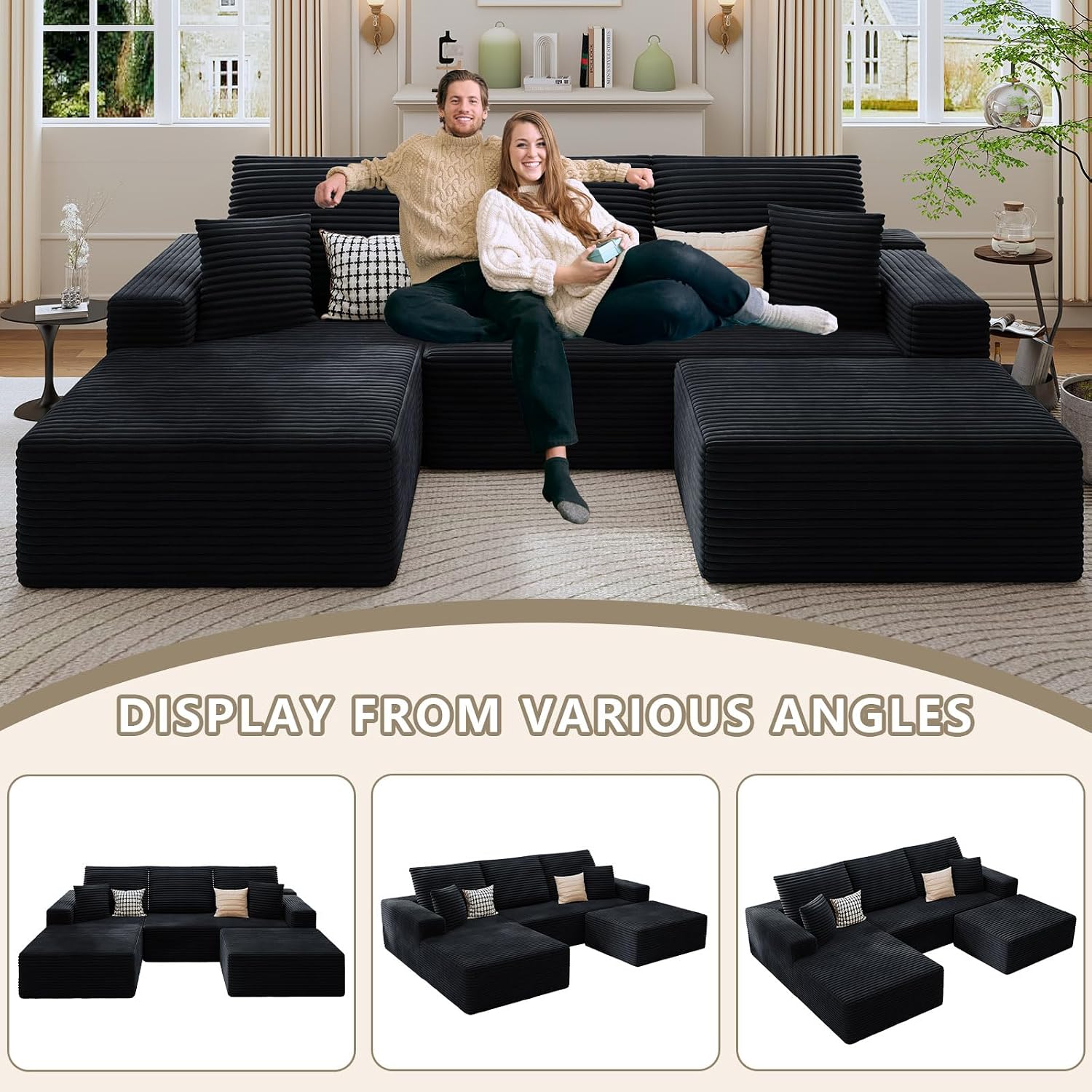 107' Cloud Sectional Couch with U-Shaped Chaise, Corduroy Sectional Sofa with Ottoman, Boneless Couch with Deep Seat in a Box for Living Room, No Assembly Required (Black, Left Facing Chaise)