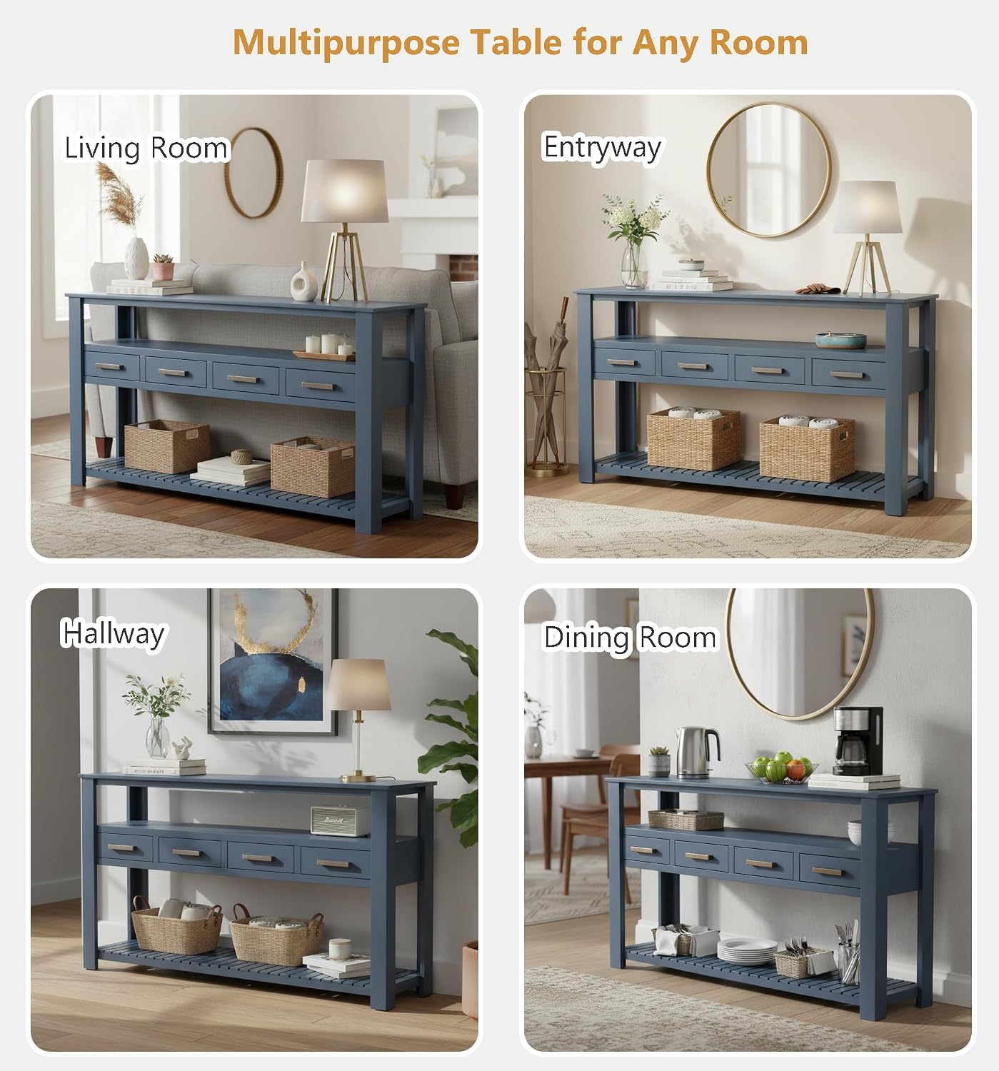 Modern Console Table Long Narrow 62-Inch Sofa Entry Table with Drawers & Open Shelves for Living Room Entryway, Easy Assembly (Navy Blue)