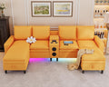 Sectional Couches for Living Room, 4 Seat Sectional Sofa with Smart Module-Bluetooth Speaker/RGB Light/Charging Station, Teddy Fleece U Shaped Cloud Couch with Storage Ottoman (Yellow)