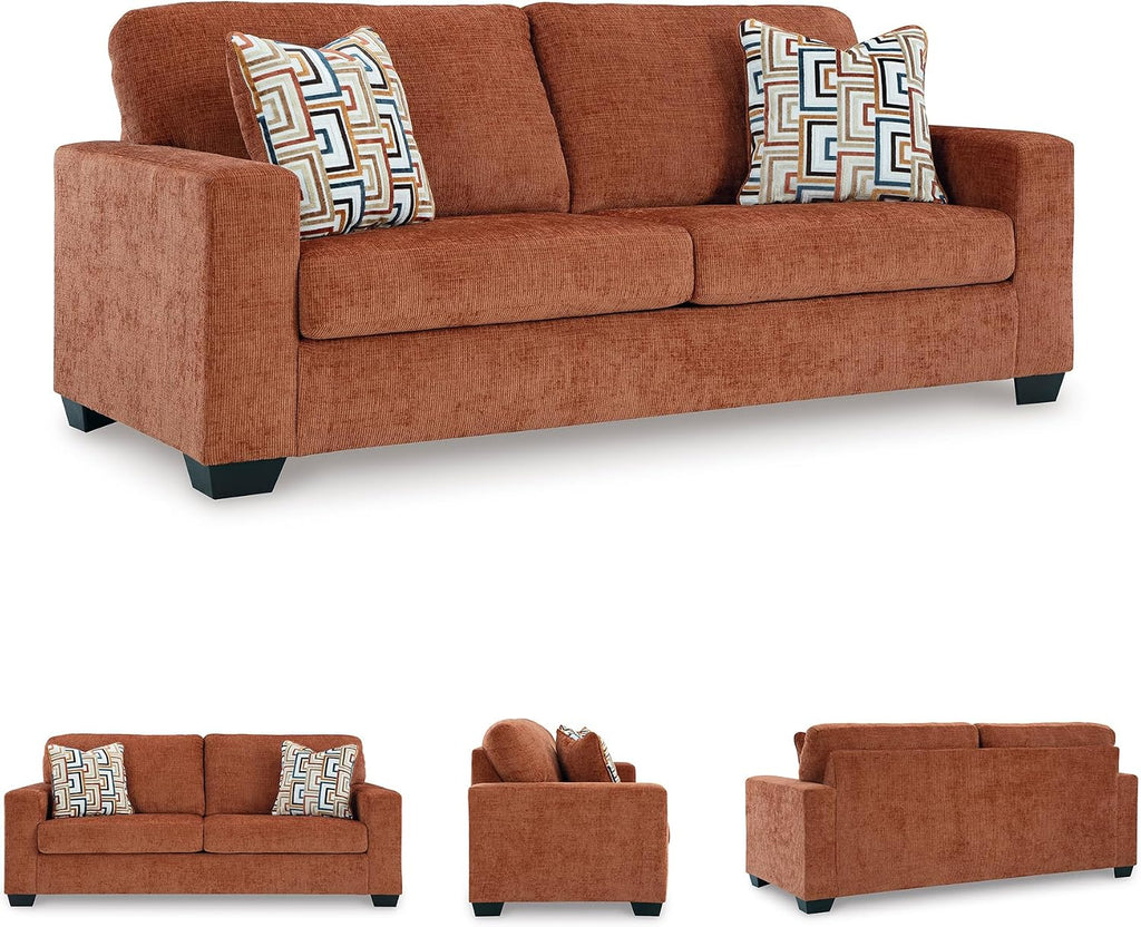 Signature Design by Ashley Aviemore Contemporary Sofa Sleeper with Folding Memory Foam Mattress and 2 Accent Pillows, Queen, Orange