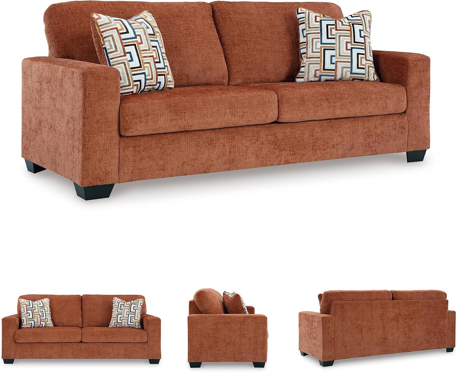 Signature Design by Ashley Aviemore Contemporary Sofa Sleeper with Folding Memory Foam Mattress and 2 Accent Pillows, Queen, Orange