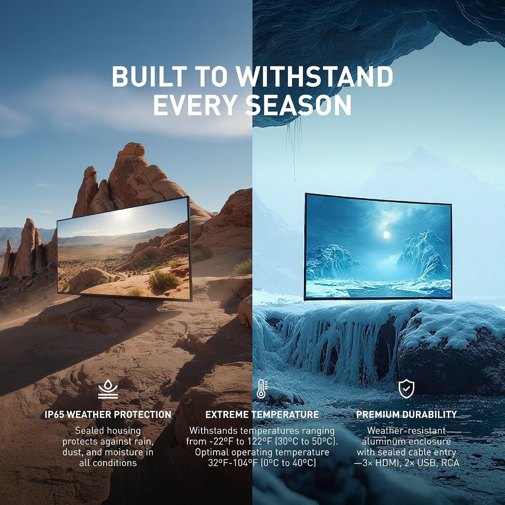 SONAGI Helios 65' Outdoor TV - Anti-Glare, IP65 Water, Dust Resistant Television with 1000-Nit Brightness for Direct Sun All Weather Viewing - Weatherproof 4K UHD Smart TV for Patio and Outside
