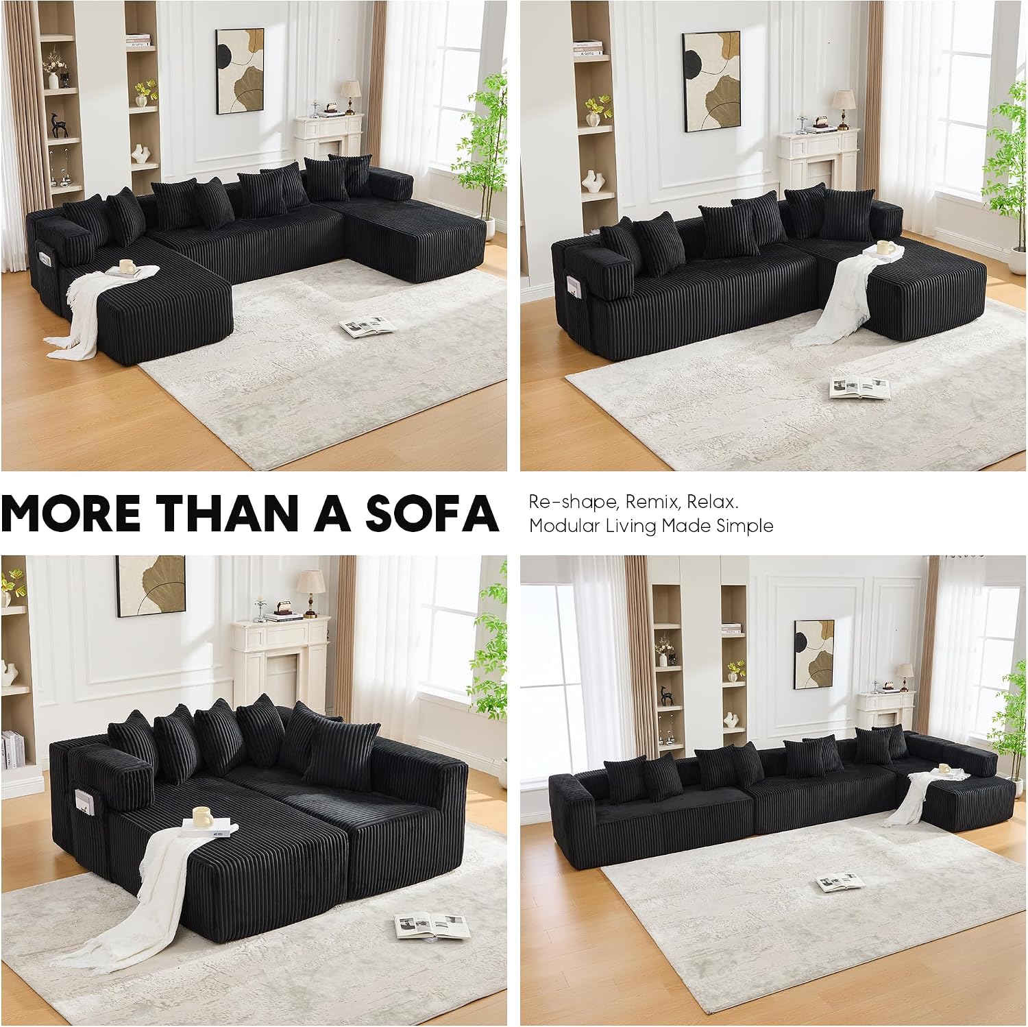 Oversized Cloud Boneless Couch with Chaise, 146' Modern U Shape Modular Deep Seat Sectional Sofa, Comfy Corduroy Upholstered Couches for Living Room, No Assembly Required-Black