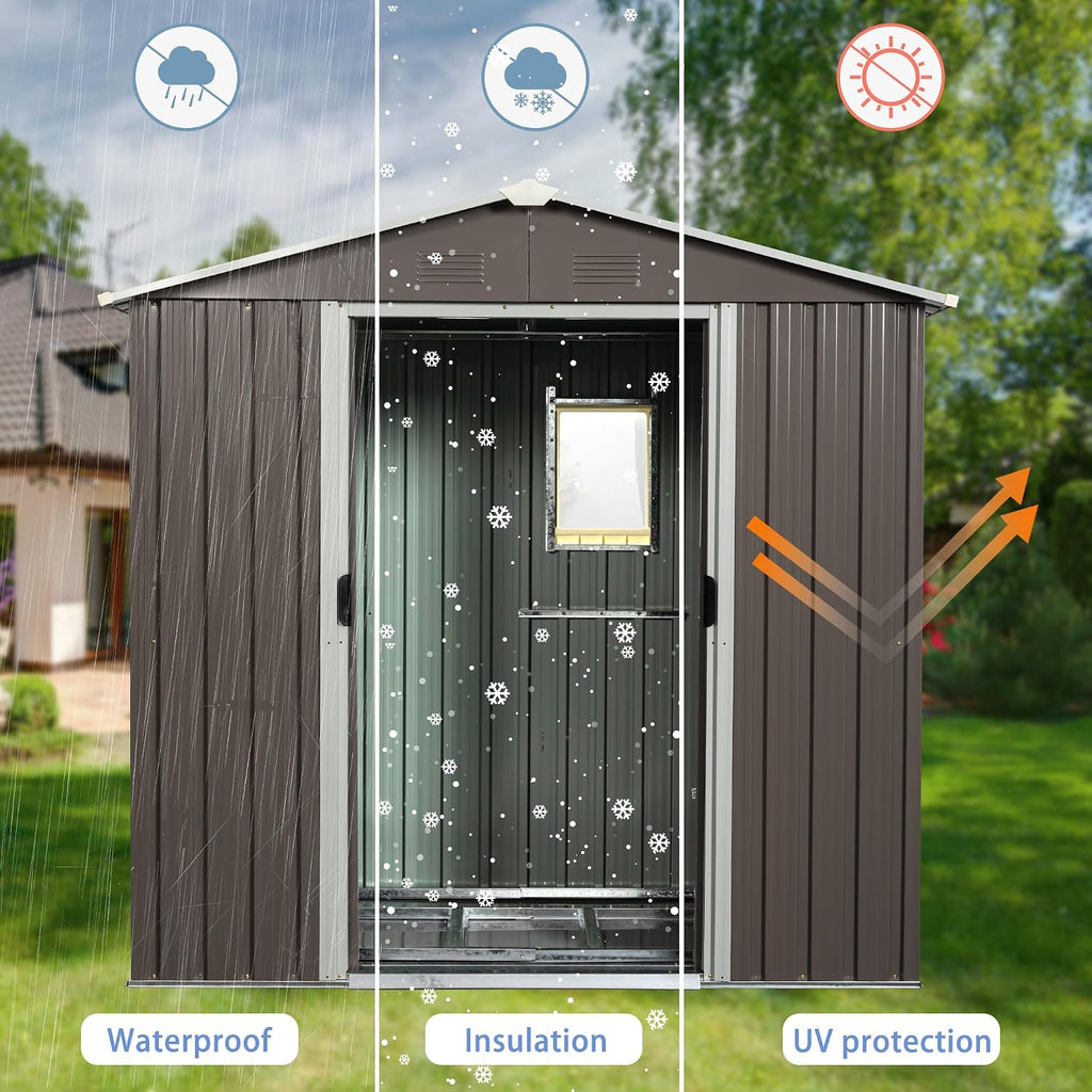 8x4 ft Outdoor Metal Storage Shed with Floor Foundation and Window, Lockable Galvanized Steel Tool Shed with Sliding Door and Air Vent, Waterproof Garden Storage House for Backyard, Patio
