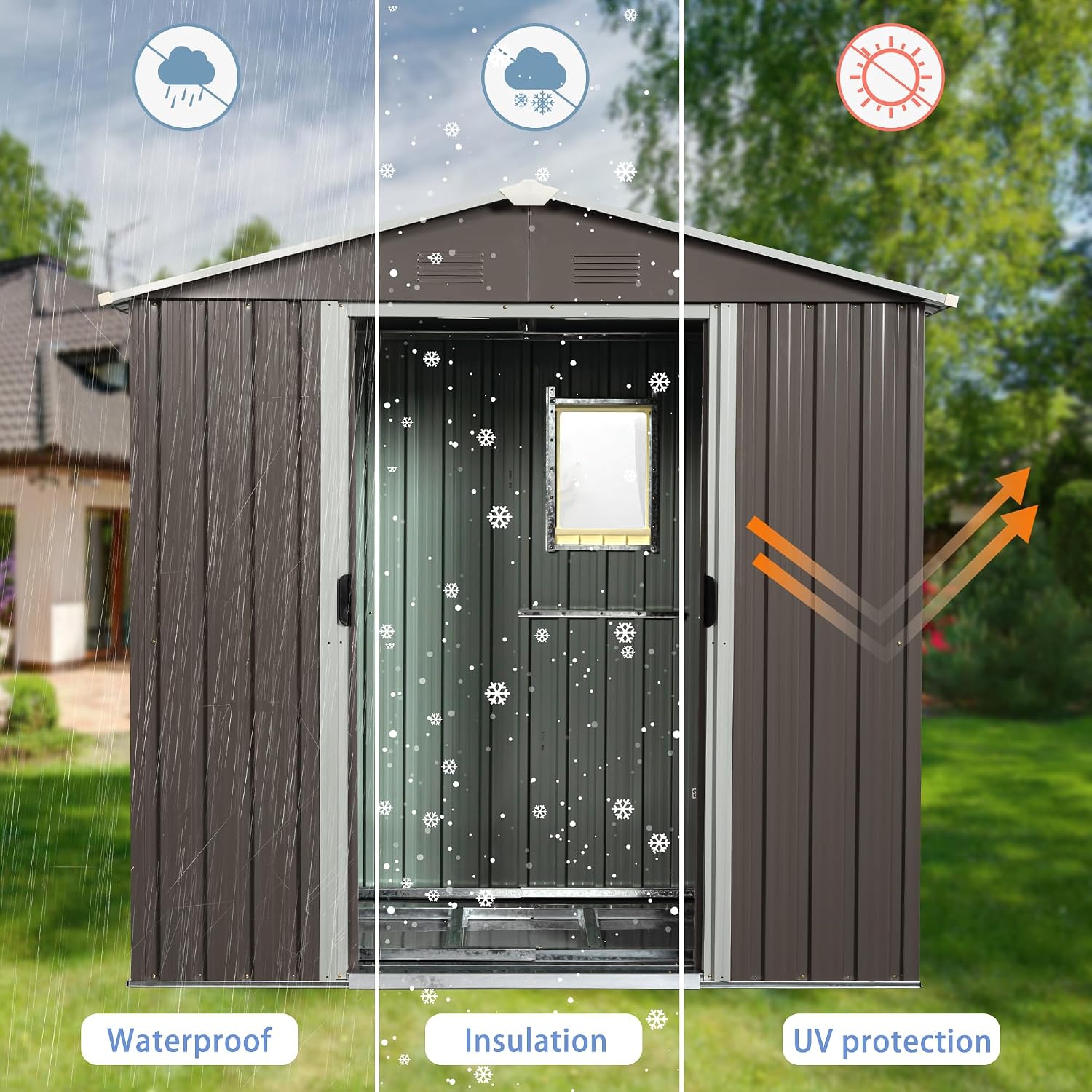 8x4 ft Outdoor Metal Storage Shed with Floor Foundation and Window, Lockable Galvanized Steel Tool Shed with Sliding Door and Air Vent, Waterproof Garden Storage House for Backyard, Patio