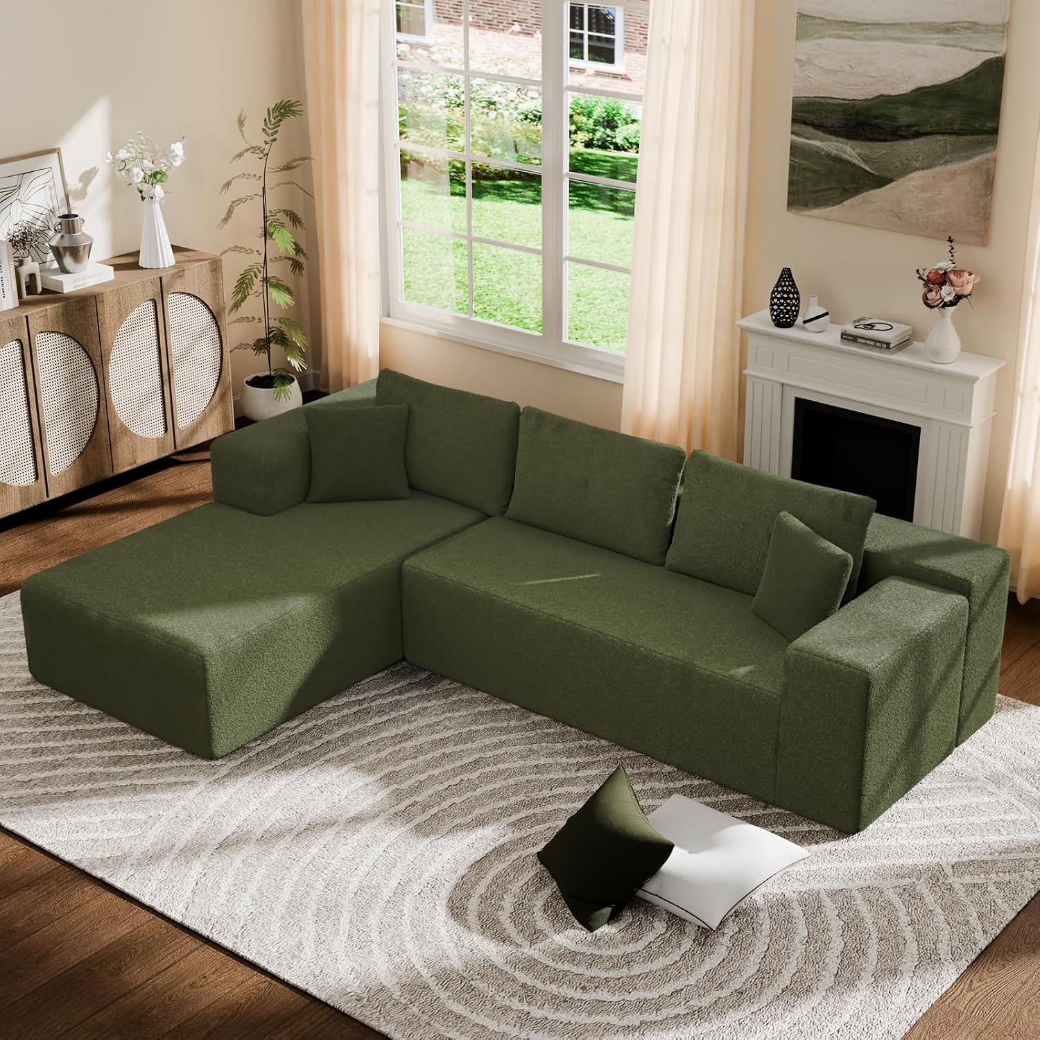 Cloud Wool Modular Sectional Sofa with Chaise, 106' L-Shaped Sofa Couch for Living Room, Deep Seat Plush Boneless Couches, Includes Pillows, Right Chaise, Green
