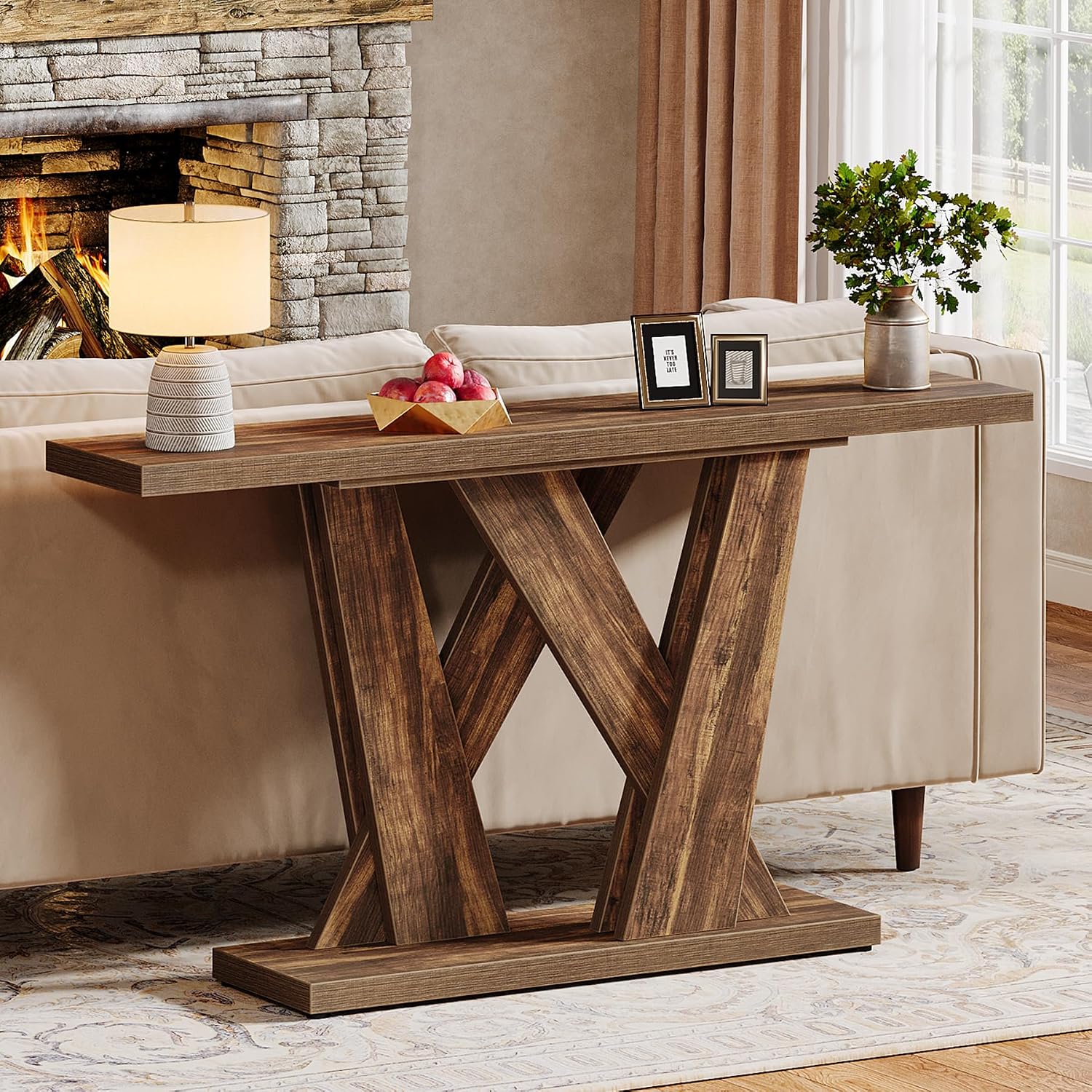 Tribesigns 55-Inch Farmhouse Console Table, Farmhouse Behind The Couch Table TV Stand with Geometric Base, Skinny Sofa Table Entryway Table for Entrance, Living Room, Hallway, Foyer, Rustic Brown