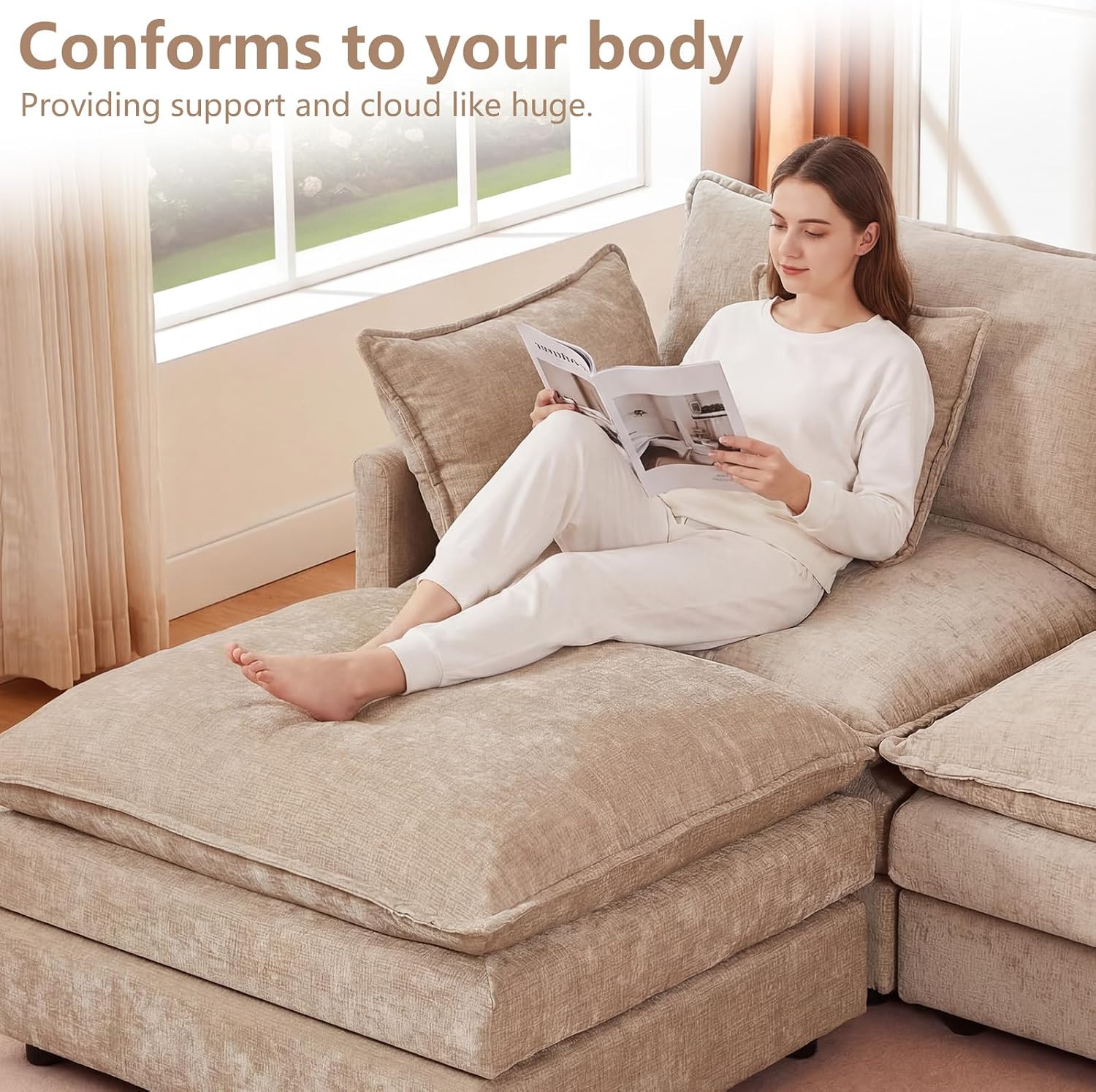GNIXUU 102' Modular Sectional Sofa, L Shaped Cloud Couch with Movable Ottoman & 4 Pillows, Deep Seat Chenille 4 Seater Sectional Couches for Living Room, Apartment (Camel)