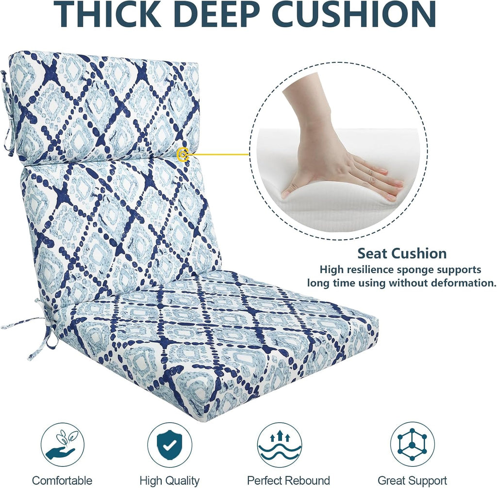 DYTXIII Outdoor High Back Chair Cushions Set of 2, 44'x22' Water Repellent Patio Seat Cushions with Elastic Sponge, All Weather Chair Pads for Rocking, Dining Chairs,Patio Furniture - Geometry Blue