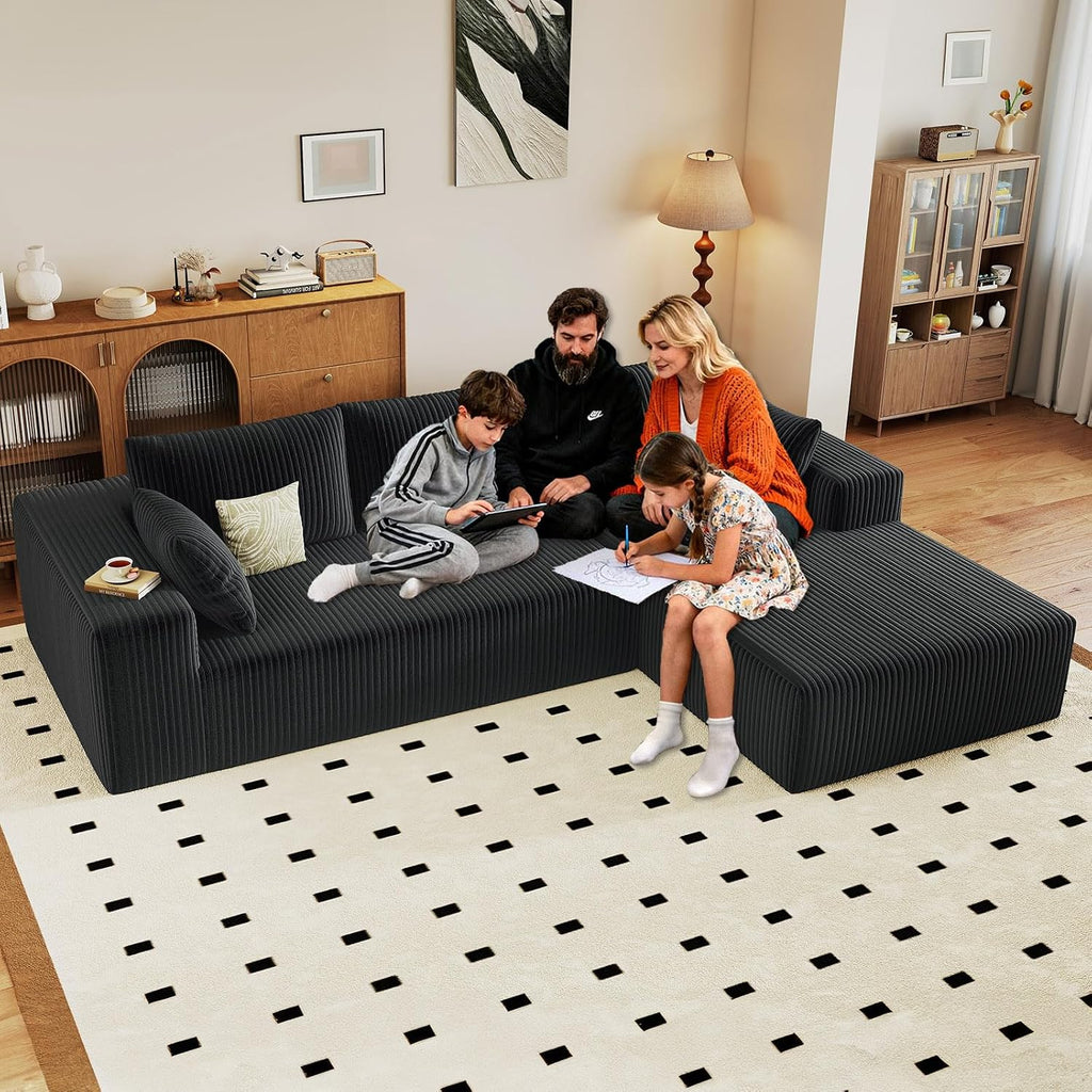 96' Cloud Sectional Couch with L-Shape Chaise, Modern Corduroy Boneless Couch for Living Room,Memory Foam Sofa with Deep Seat,No Assembly Required (Black,Right-Facing Chaise)