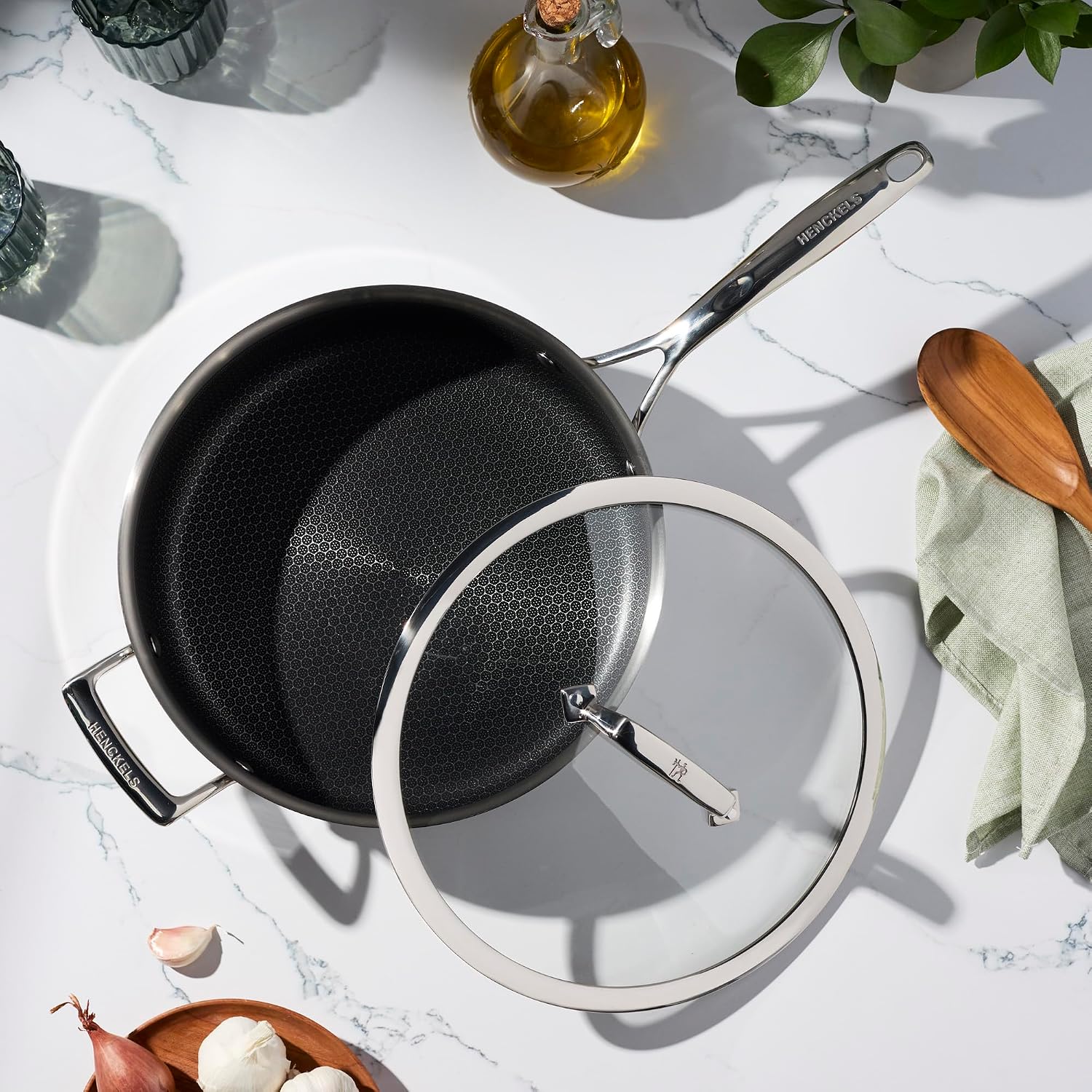 HENCKELS Paradigm 4-qt Saute Pan with Lid, Stainless Steel Nonstick Deep Saute Pan with Helper Handle, 3-Ply Clad Base for Induction Cooktop, Oven & Dishwasher Safe