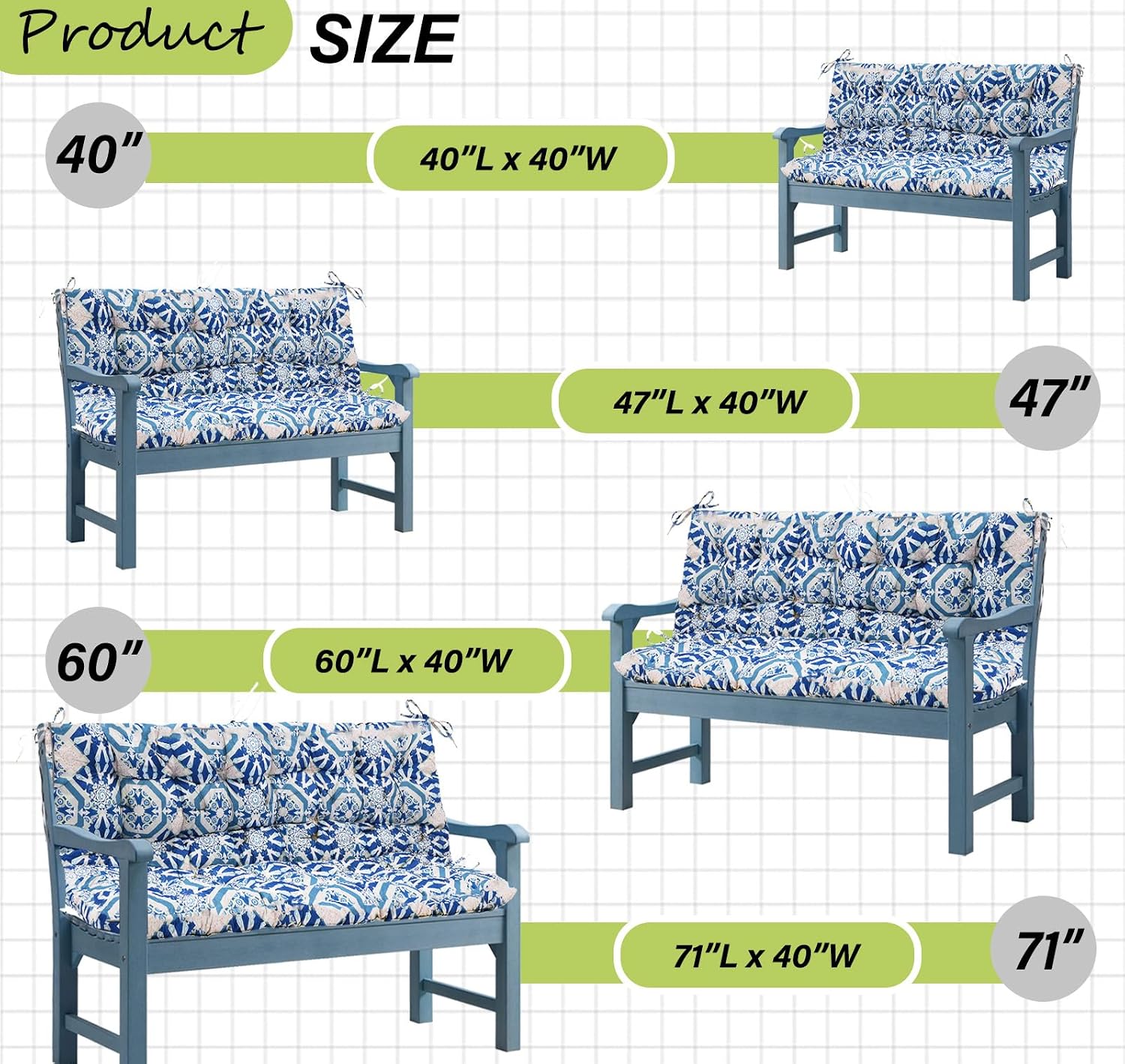 Waterproof Porch Swing Cushion Replacement, 2–3 Seat Swing Seat Cushion with Backrest & Ties, Thick Outdoor Bench Cushion for Patio Garden Porch (Boho Blue, 40 x 60 in)