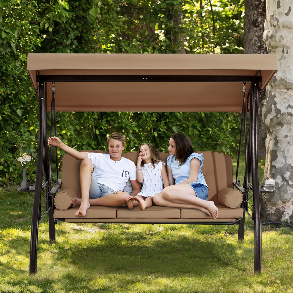 HOMREST 3 Person Outdoor Porch Swing with 1.5' Upgraded Cup Holder, Adjustable Canopy, Backrest, Patio Swing Bed with Weather Resistant Steel Frame, Cushions for Garden,Deck and Poolside(Brown)