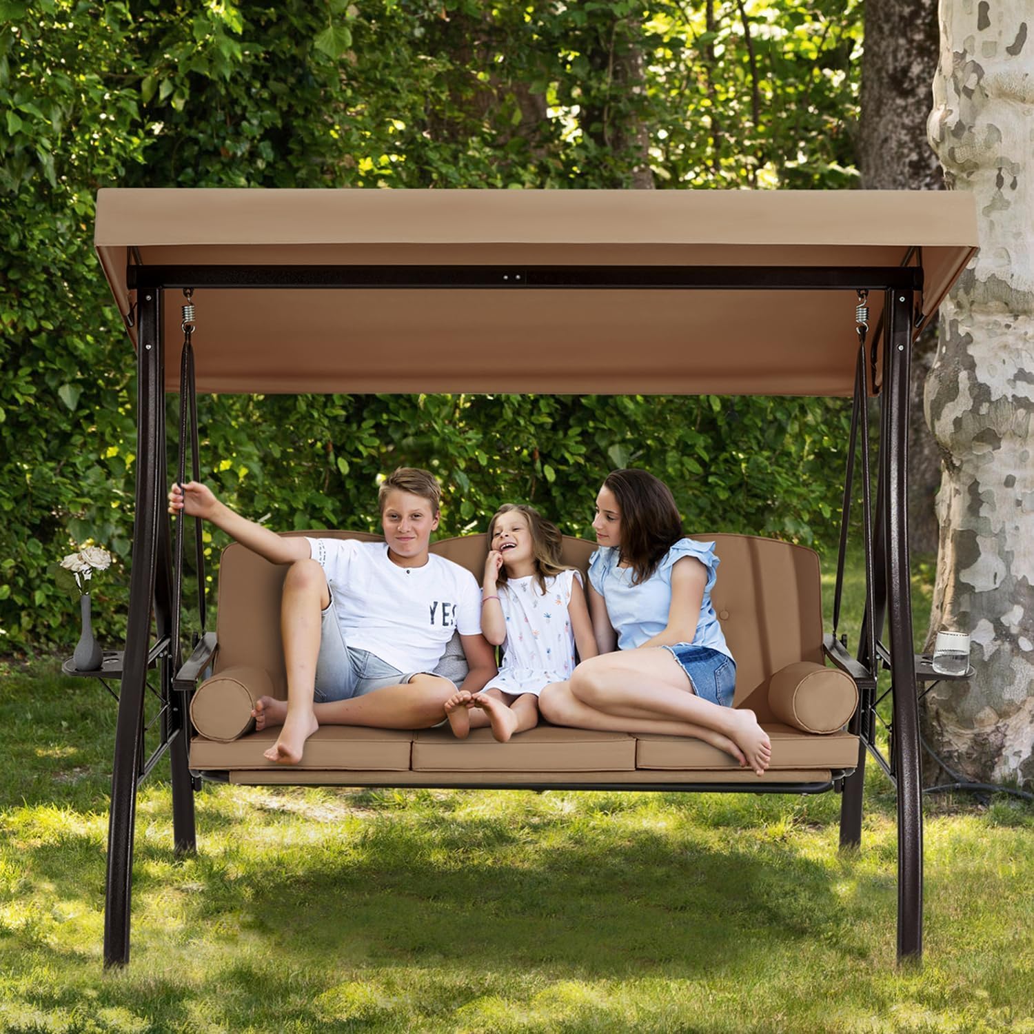HOMREST 3 Person Outdoor Porch Swing with 1.5' Upgraded Cup Holder, Adjustable Canopy, Backrest, Patio Swing Bed with Weather Resistant Steel Frame, Cushions for Garden,Deck and Poolside(Brown)