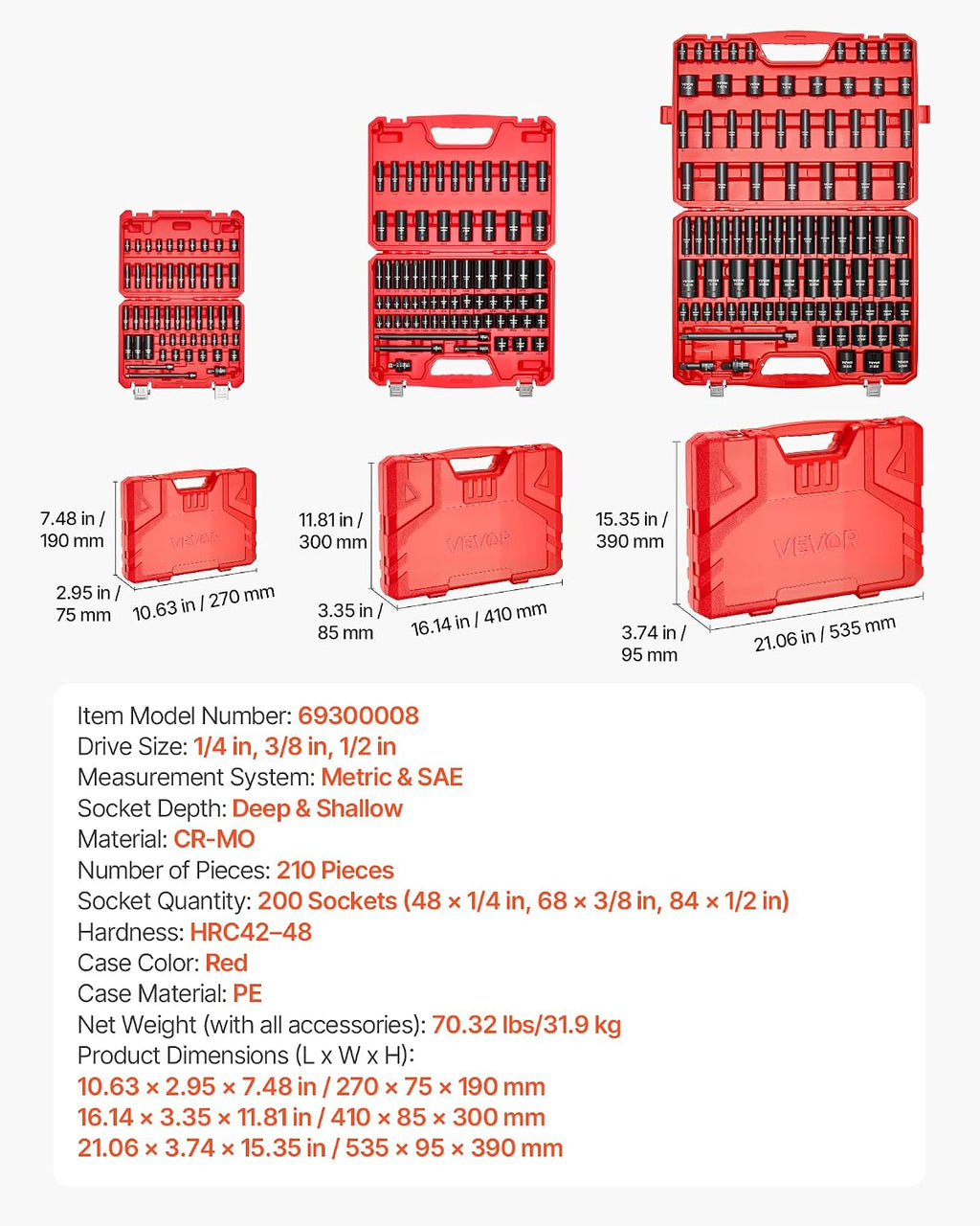 VEVOR 1/4 & 3/8 & 1/2 Inch Drive Impact Socket Set, 210-Piece Metric and Standard Full Sockets, Deep & Shallow, CR-V, 6 Point, Extension Bars, Universal Joint, Three Carrying Cases
