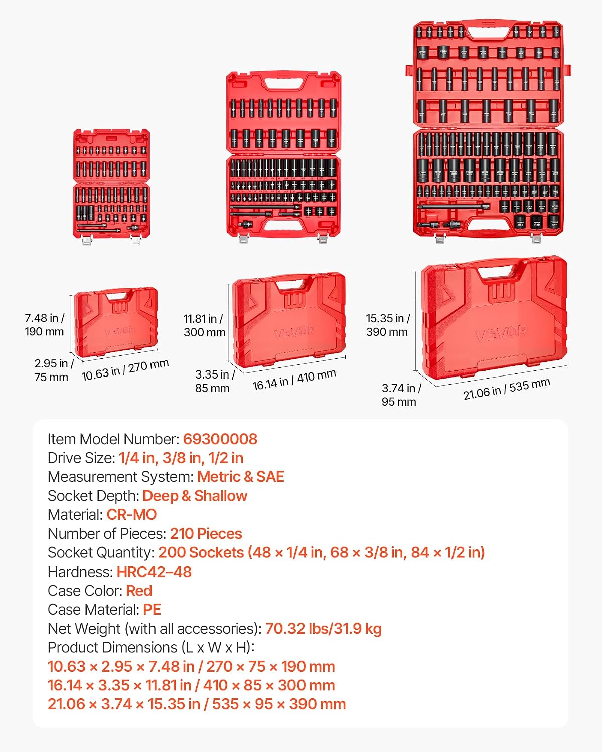 VEVOR 1/4 & 3/8 & 1/2 Inch Drive Impact Socket Set, 210-Piece Metric and Standard Full Sockets, Deep & Shallow, CR-V, 6 Point, Extension Bars, Universal Joint, Three Carrying Cases