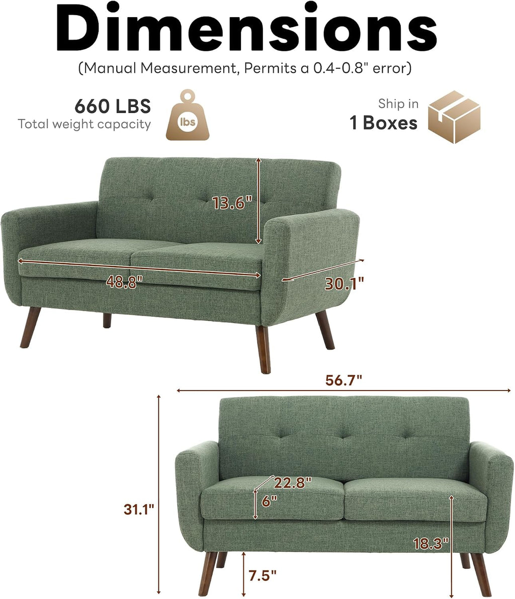 Tbfit 56' W Loveseat Sofa, Mid Century Modern Decor Love Seat Couches for Living Room, Button Tufted Upholstered Small Couch for Bedroom, Solid and Easy to Install Love Seats Furniture, Green