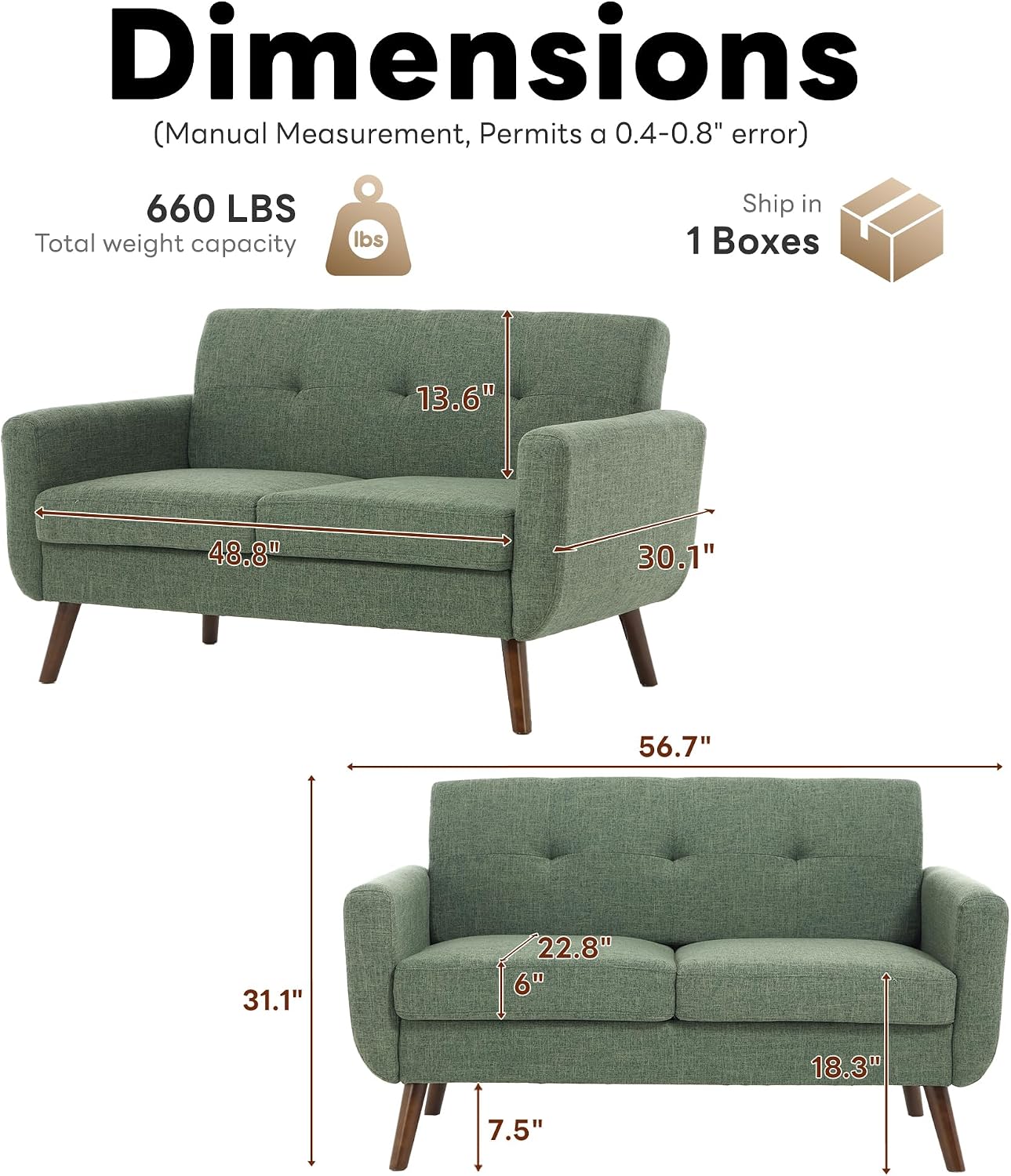 Tbfit 56' W Loveseat Sofa, Mid Century Modern Decor Love Seat Couches for Living Room, Button Tufted Upholstered Small Couch for Bedroom, Solid and Easy to Install Love Seats Furniture, Green