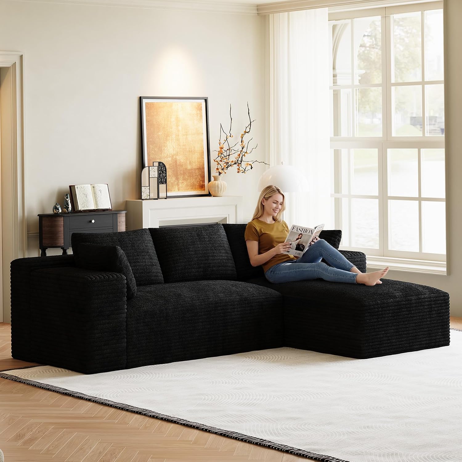 Cloud Sectional Couch Modular Sectional Sofa, 95.5' Comfy Fluffy Black L Shaped Boneless Couches for Living Room, Deep Seat Plush Corduroy Memory Foam Couch with Right Facing Chaise Sofa