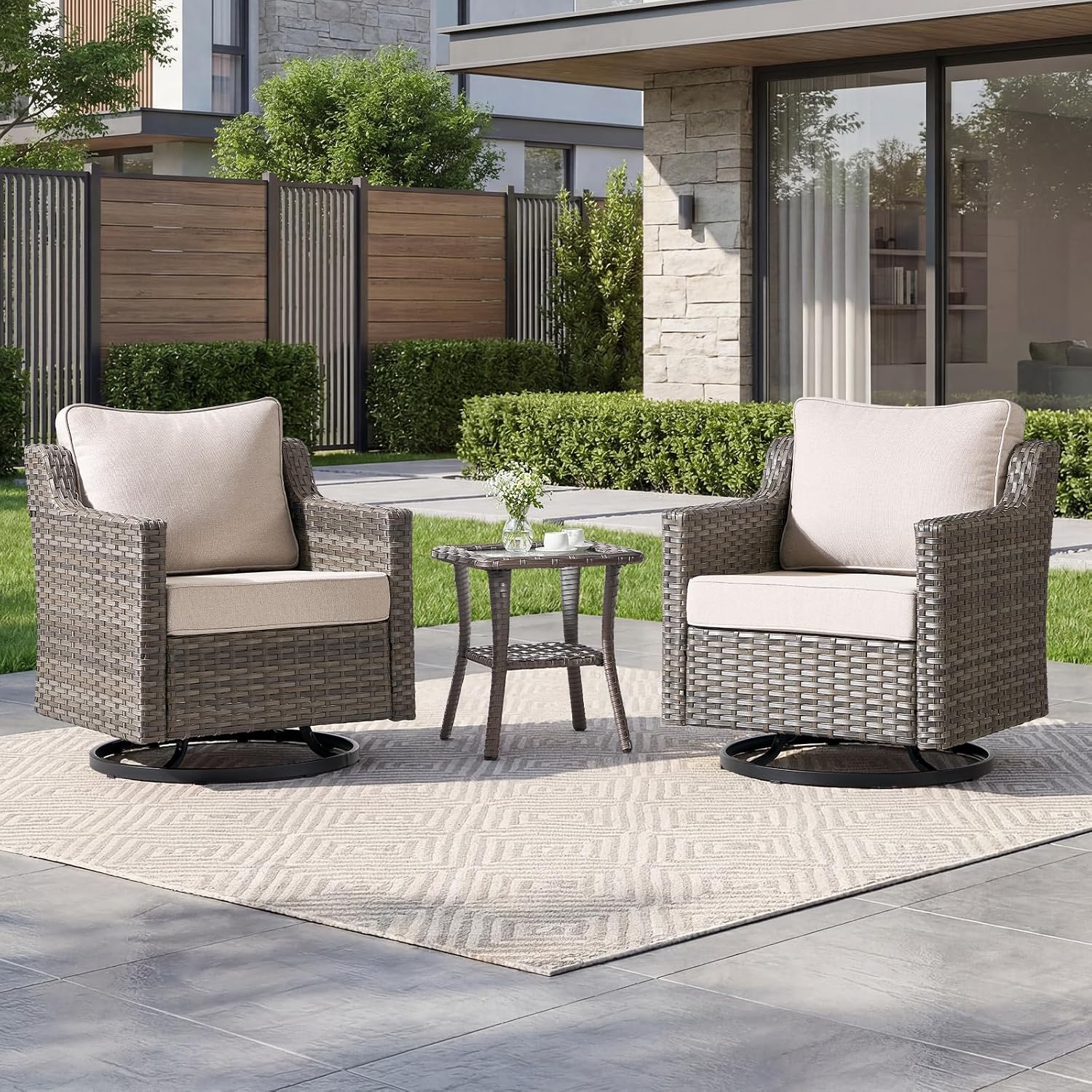 Luxury Patio Furniture sofa Set - 3 Pieces All Weather Wicker Outdoor Couch and High Back Swivel Rocker Patio Chairs with Glass coffee table for Deck Yard and Poolside Beige Cushions | Gray Wicker