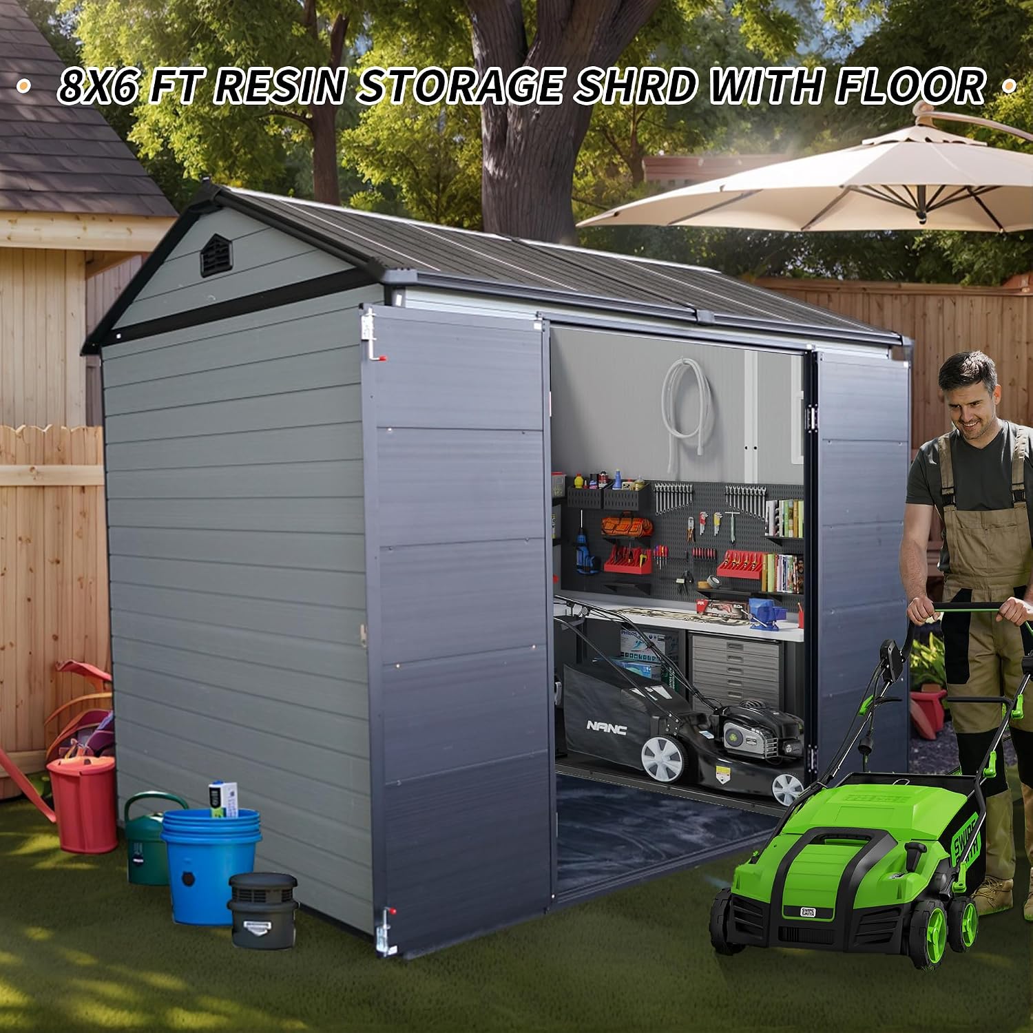 Outdoor Storage Shed, 8x6FT Plastic Storage Shed with 2 Windows and Lockable Door for Garden Tools, Bike, Lawnmower, Grey and Black