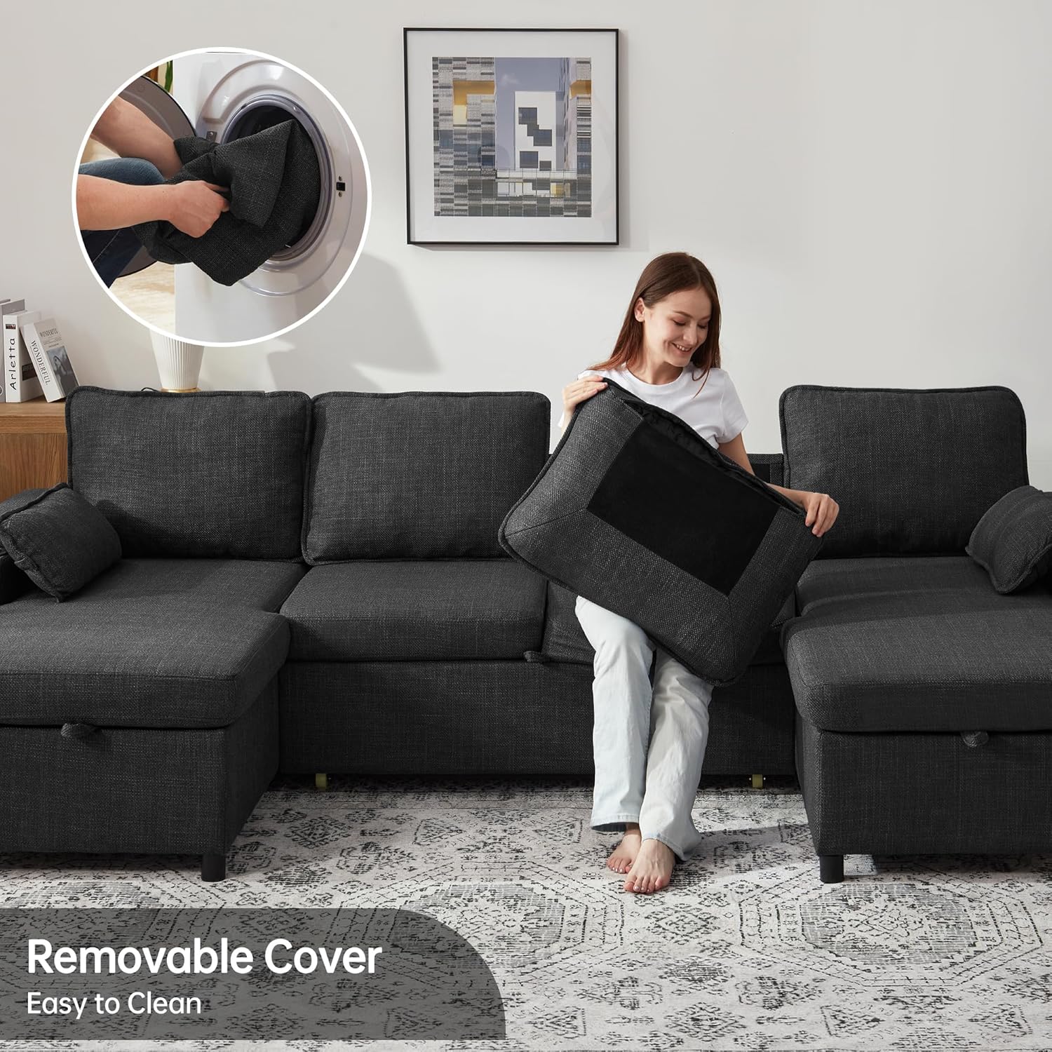 DURASPACE Sofa Bed Pull Out Couch Sleeper with Double Storage Chaise, U Shaped Convertible Sectional Sleeper Sofa for Living Room with USB Charging Ports, Cup Holder (Dark Gray)