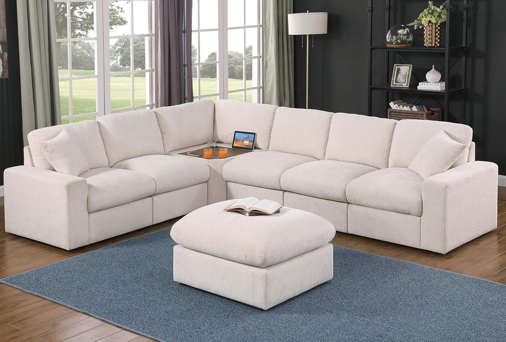 Ball & Cast 116' Oversized Modular Sectional Sofa,Large Chenille Upholstered Couch L-Shaped 7 Seat with Movable Ottoman & 2 Pillows,Comfty Sectionals W/Cup Holders & USB Ports,for Living Room,Beige