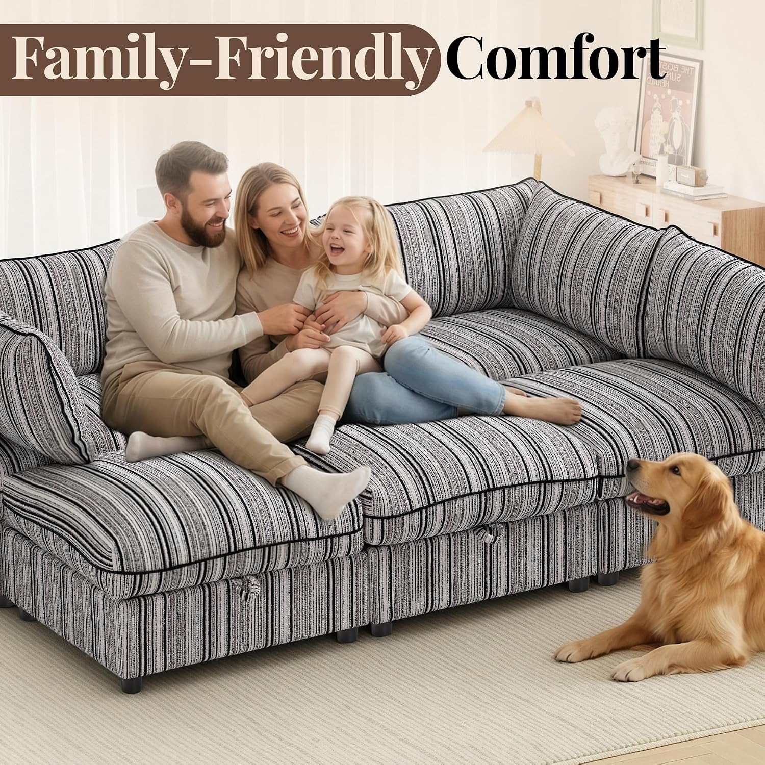 95.5' Modular Sectional Couch with Hidden Storage, Convertible L U Shaped Sleeper Sofa Bed with Stripe Pattern, 6 Seat Modular Sectional Couch with Ottoman Chaise & Removable Covers for Living Room
