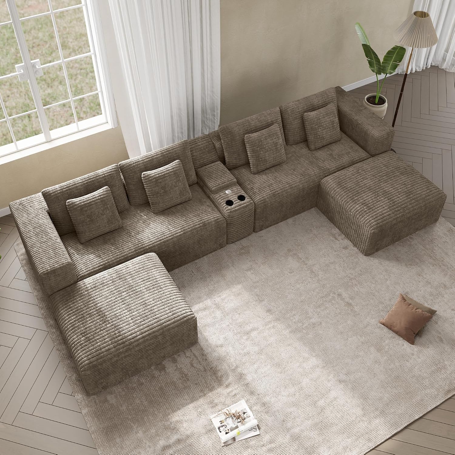152' Oversized U Shaped Cloud Couches for Living Room, Fluffy Large Modular Sectional Sofa Set with Ottoman Chaise Comfy Corduroy Brown Boneless Couch with Cup Holder USB Port