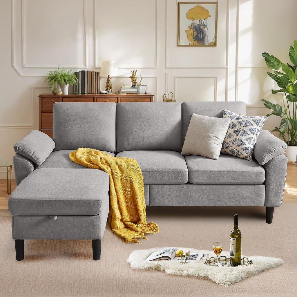 Convertible Sectional Sofa, Modern L Shaped 3-seat Sofa, 79' Linen Fabric Small Sectional Couch with Movable Ottoman, Couch for Small Spaces Living Room (Light Grey)