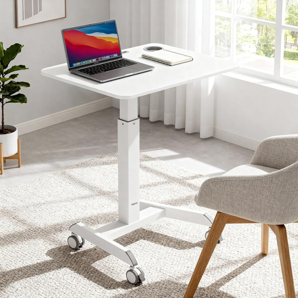 Mount-It! Laptop Cart Rolling Desk Adjustable Height with 28.5' x 22' Tabletop, Ergonomic Sit-Stand Workstation on Wheels Portable for Home Office, Dorm, Classroom, White