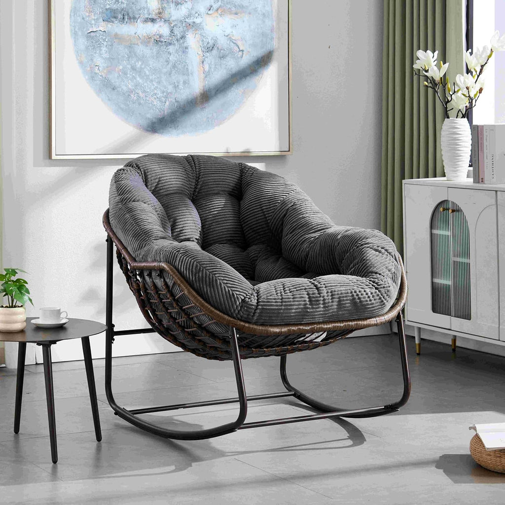 Wicker Outdoor Rocking Chair Rattan Egg Chair with Thick Cushion 30° Smooth Rocking Patio Lounge Reclining for Indoor Outdoor Use Living Room Front Porch Balcony Lawn Garden, Grey