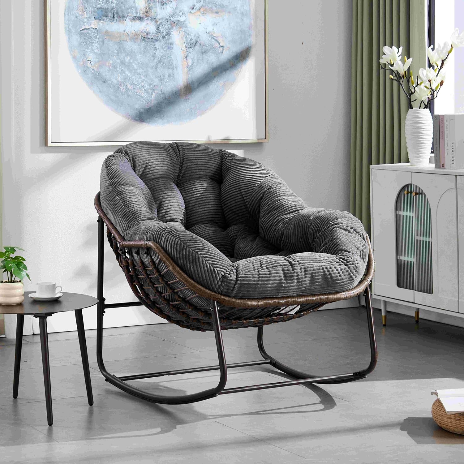Wicker Outdoor Rocking Chair Rattan Egg Chair with Thick Cushion 30° Smooth Rocking Patio Lounge Reclining for Indoor Outdoor Use Living Room Front Porch Balcony Lawn Garden, Grey