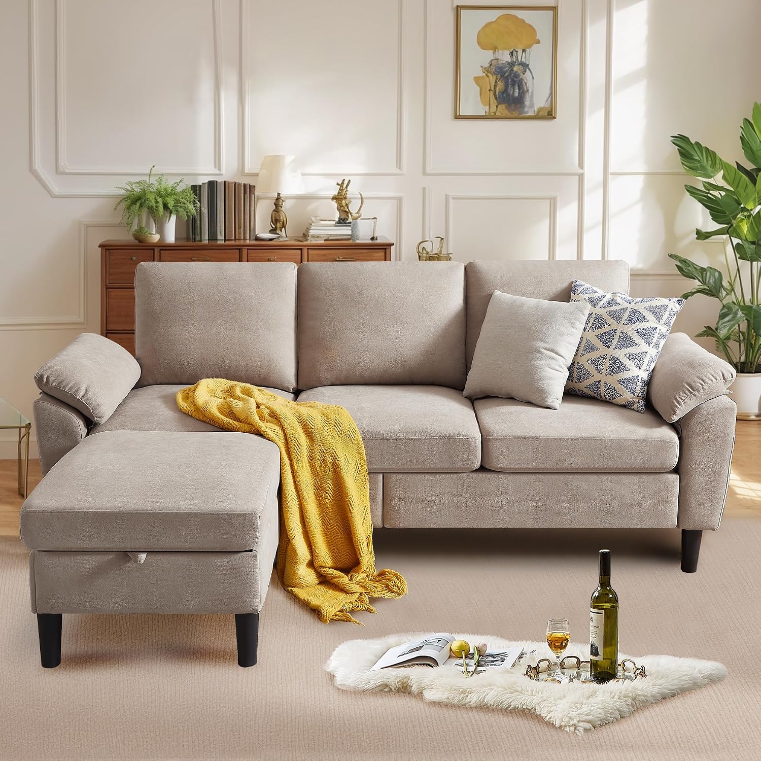 Convertible Sectional Sofa Couch with Ottoman, 79' Modern L Shaped 3 Seat Sofa, Linen Fabric Small Sectional Couch with Movable Storage Ottoman for Small Spaces Living Room (Beige)