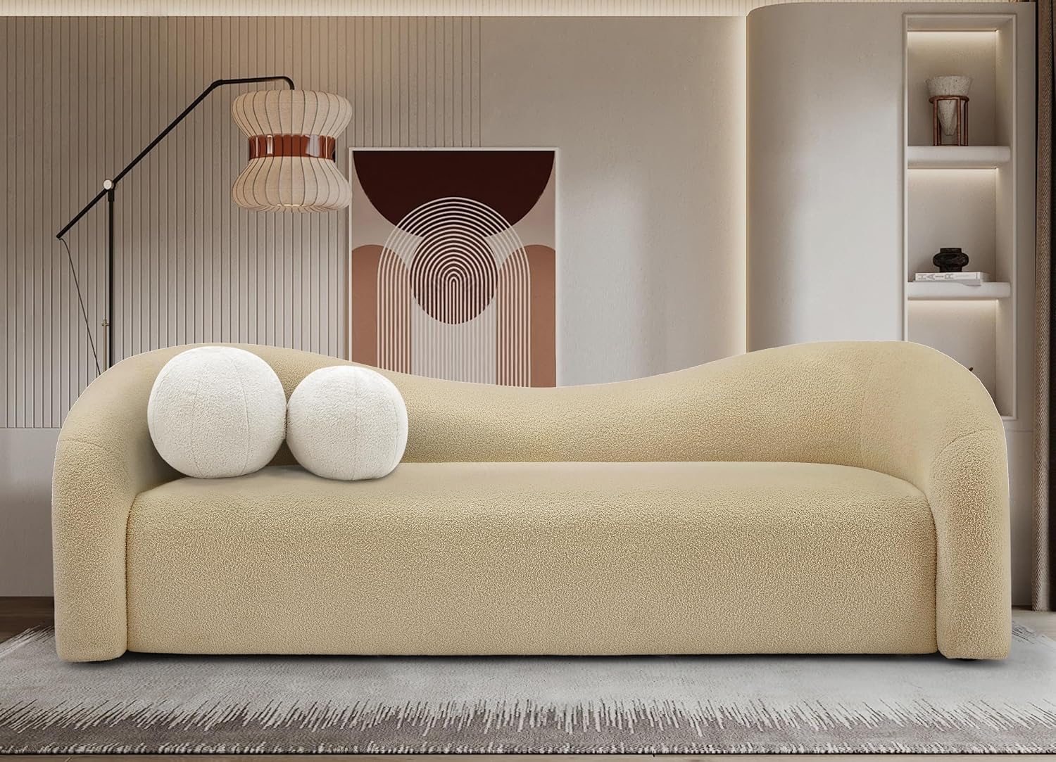Meridian Furniture 186Beige-S Kali Collection Modern | Contemporary Sofa with Soft Beige Faux Shearling Teddy Fabric, Curved Back, 86' W x 33' D x 27' H, Beige
