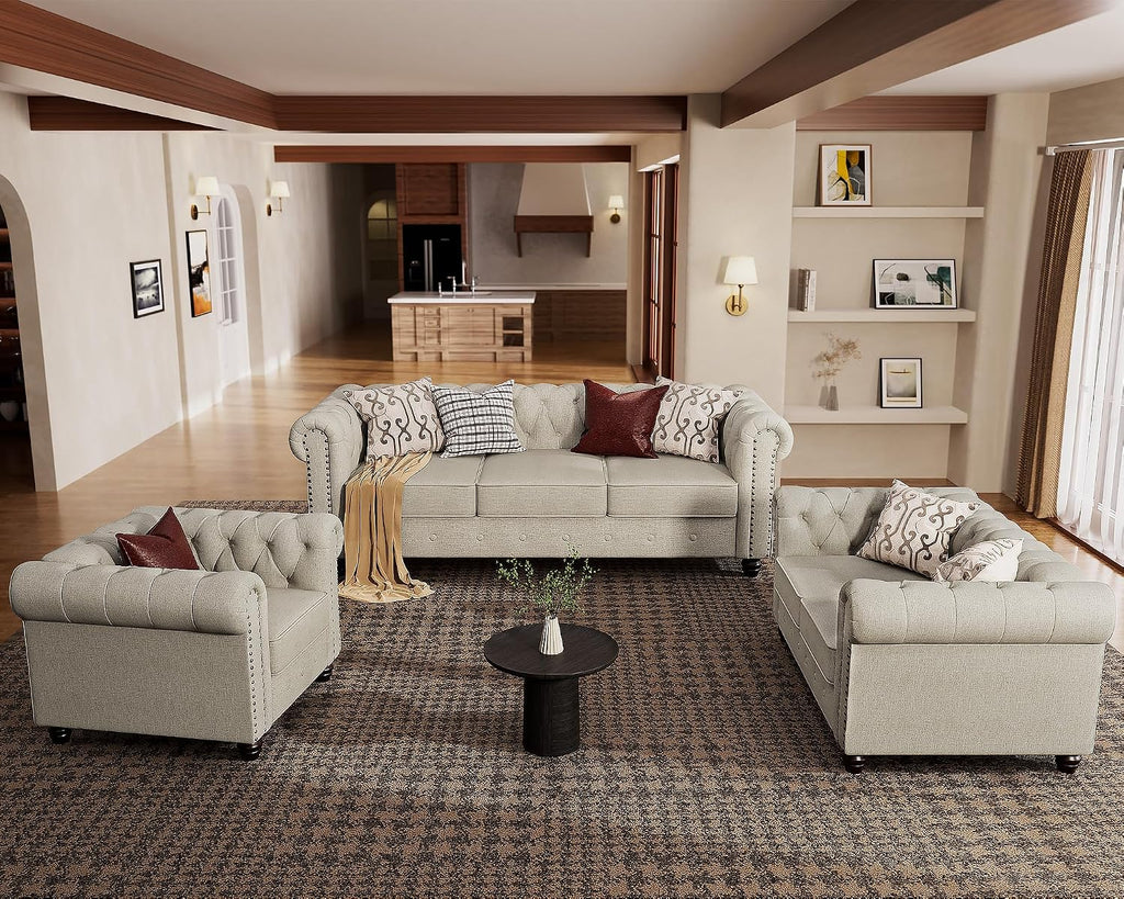 Morden Fort Classic Chesterfield Sofa Set 82'', Tufted Sofa for Couch Set with Solid Wood Legs Thick Cushion, Pet-Friendly Deep Seat Sofas Couches for Living Room Bedroom Apartment - Linen Beige