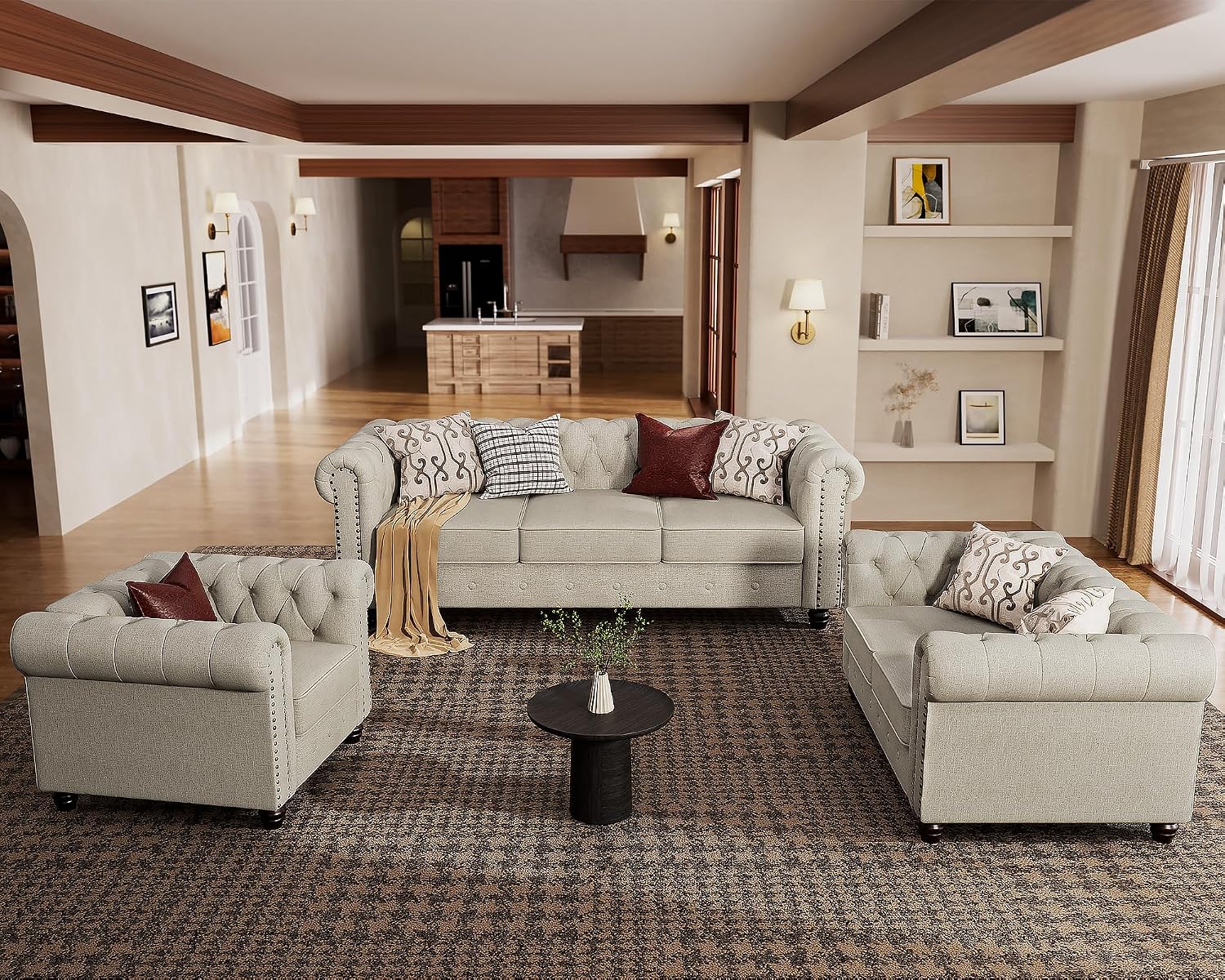 Morden Fort Classic Chesterfield Sofa Set 82'', Tufted Sofa for Couch Set with Solid Wood Legs Thick Cushion, Pet-Friendly Deep Seat Sofas Couches for Living Room Bedroom Apartment - Linen Beige