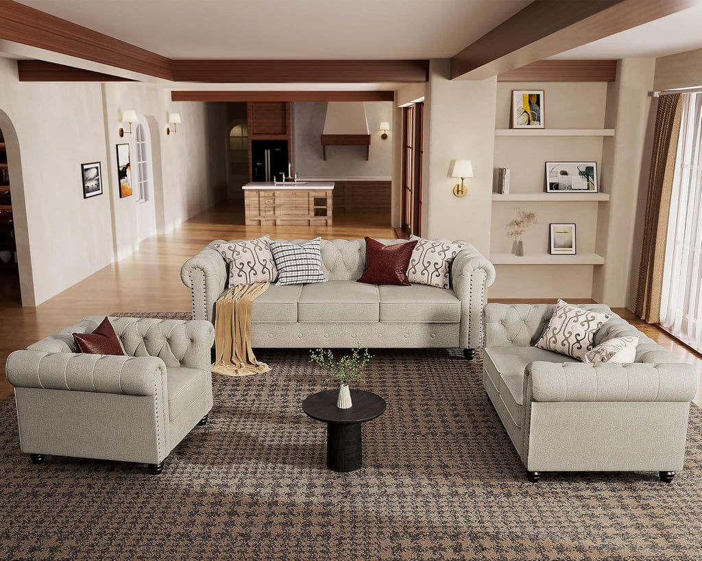 Morden Fort 3 Piece Classic Chesterfield 6-Seater Set, Tufted Chair & Loveseat & Sofa Solid Wood Legs Thick Cushion, Pet-Friendly Couch Set Furniture for Living Room Bedroom Apartment, Linen Beige